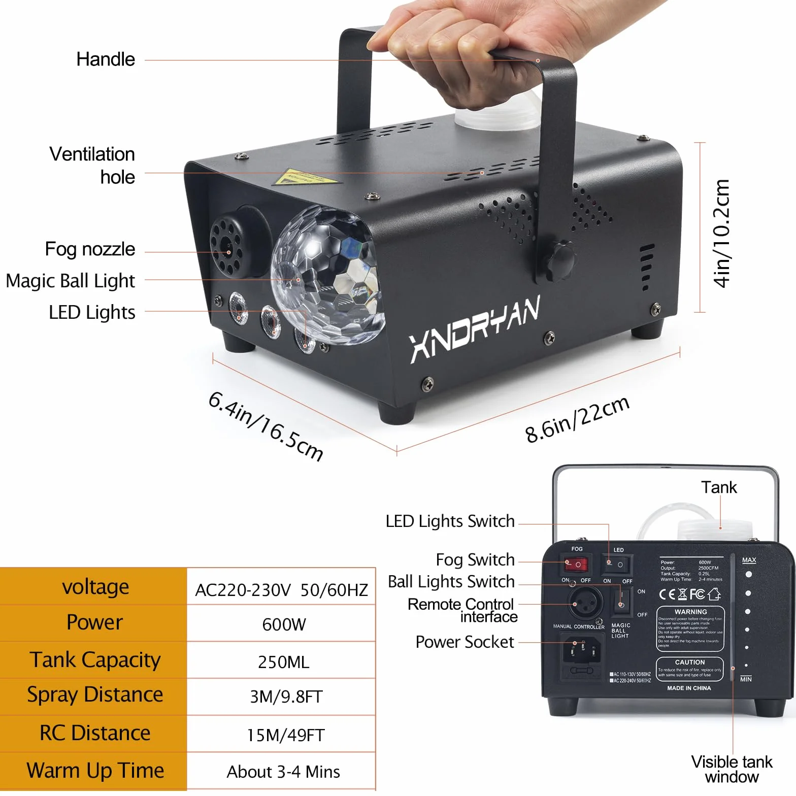 Maszyna do dymu 600 W RGB LED 2500 CFM z lampką dyskotekową