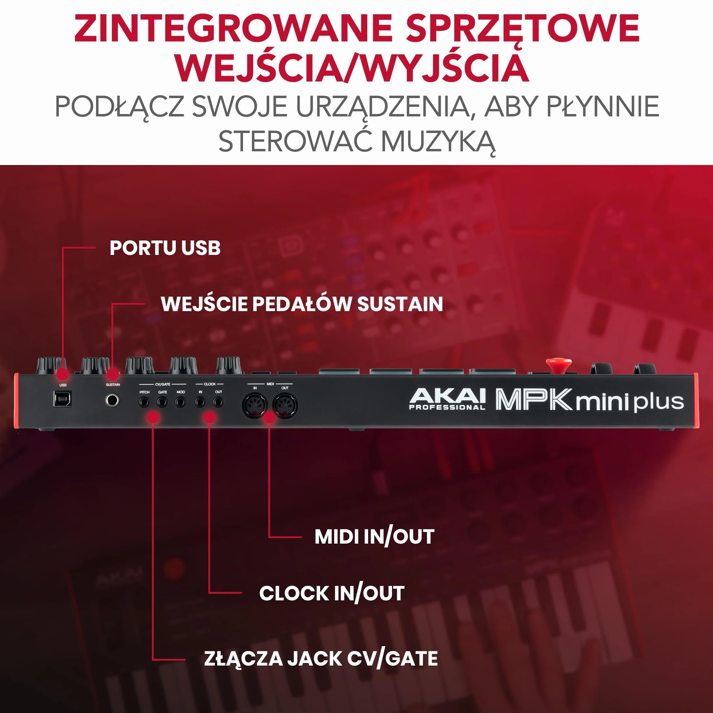 Akai Professional MPK Mini Plus – klawiatura sterująca USB MIDI z 37 miniklawiszami, 8 padami MPC, sekwencerem, MIDI/CV/Gate I/O, programem do produkcji muzyki oraz pakietem Native Instruments