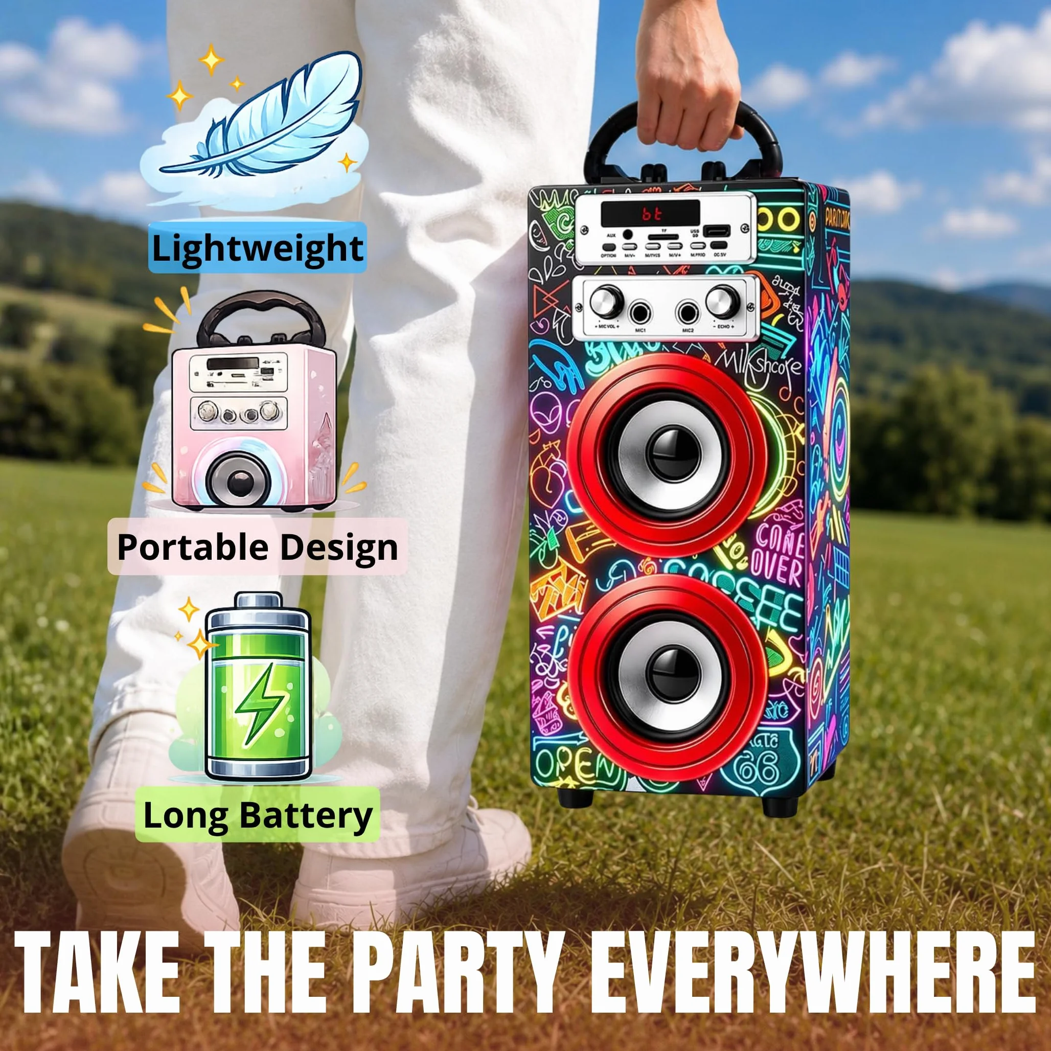DYNASONIC Przenośna maszyna do karaoke Bluetooth 2 mikrofony światła czytnik USB SD