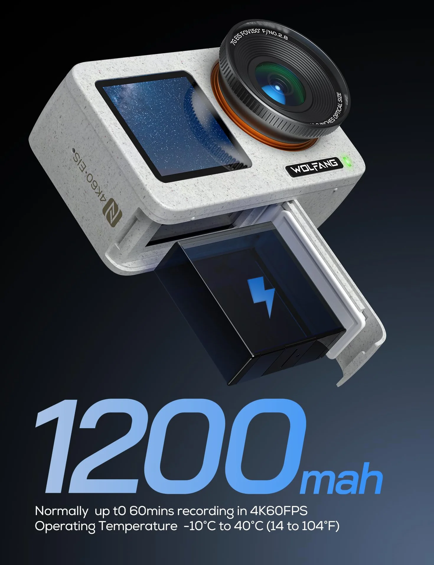 WOLFANG Seeker One White wodoszczelna kamera sportowa z wideo 4K60 Ultra HD, kolorowy wyświetlacz z dwoma ekranami, kamera podwodna o długości 16 m, transmisja na żywo, kamera internetowa,