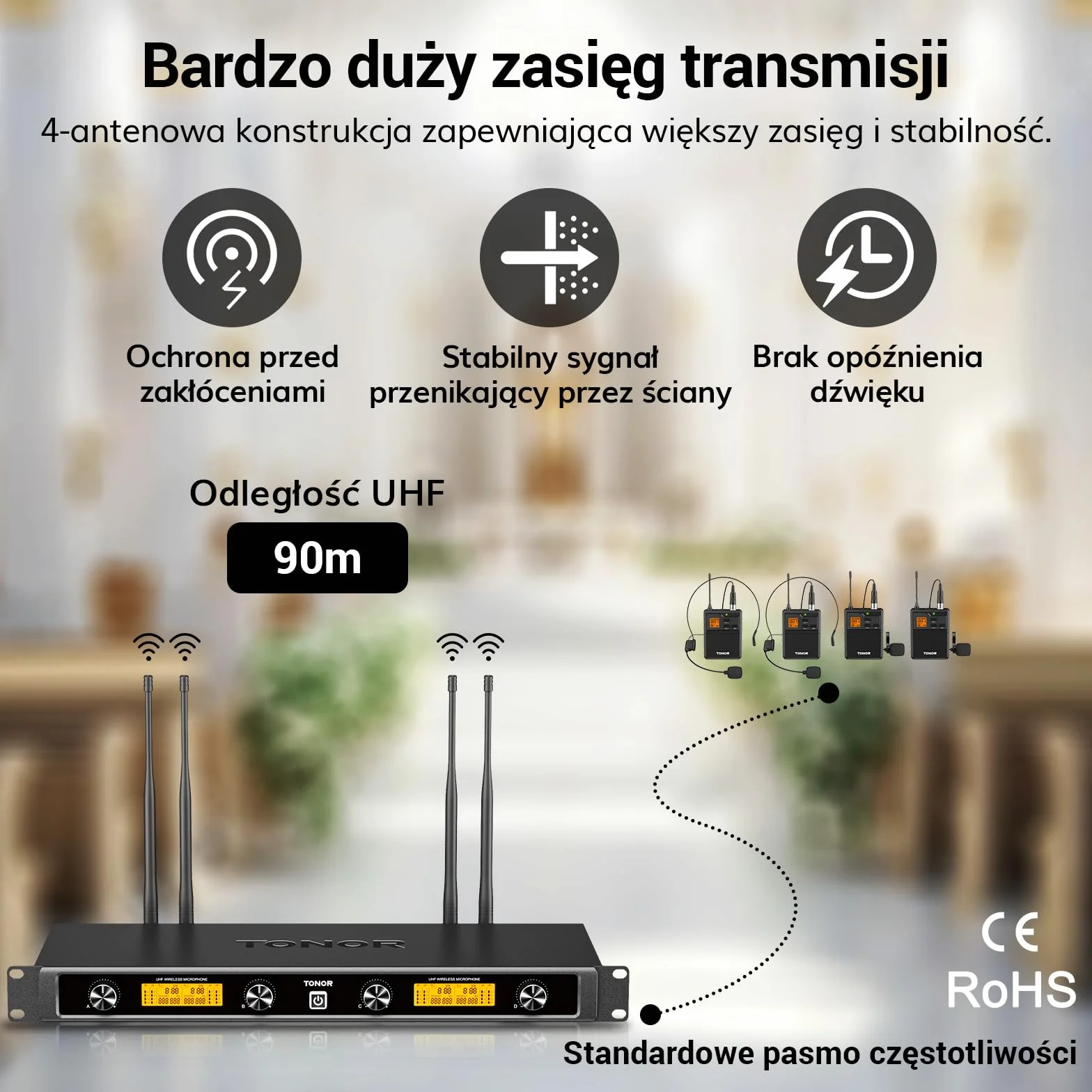 Bezprzewodowy system mikrofonowy TONOR UHF z podwójnymi mikrofonami nausznymi, nadajnikami Bodypack, odbiornikiem akumulatorowym, 4x5 kanałów, zasięg 90 m, do nagrywania mowy, głośników PA