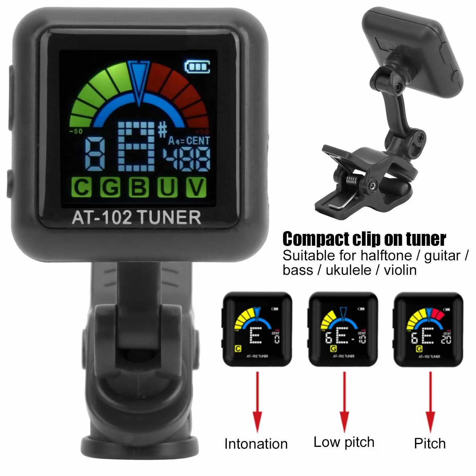 Clip-On Guitar Tuner USB Rechargeable Headstock Tuner Electric Guitar Tuner for Violin Ukulele Tuner AT‑102 with Color Screen(AT-102 Black)