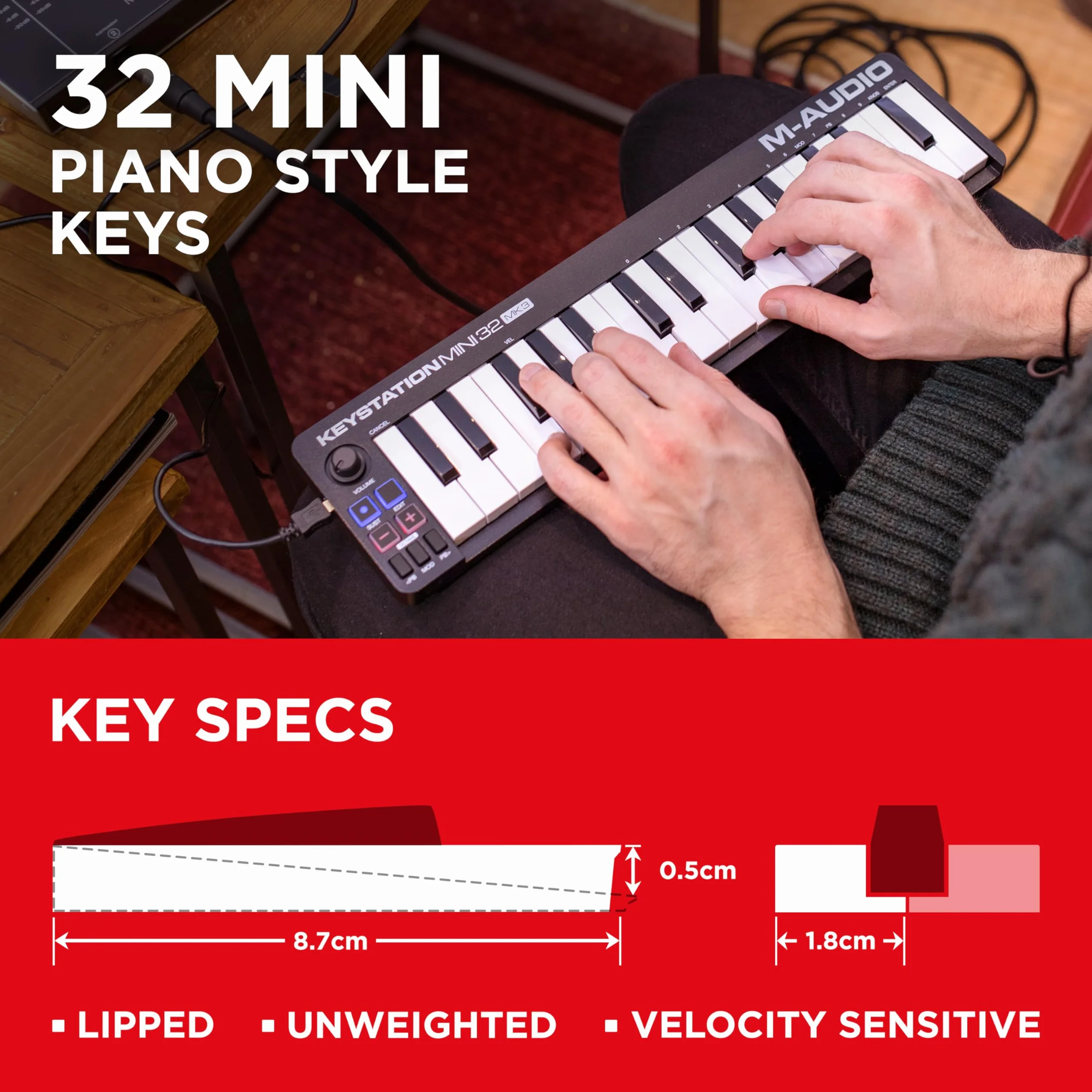 M-AUDIO Keystation Mini 32 MK3 przenośna klawiatura sterująca MIDI USB do produkcji muzyki w podróży z MPC Beats