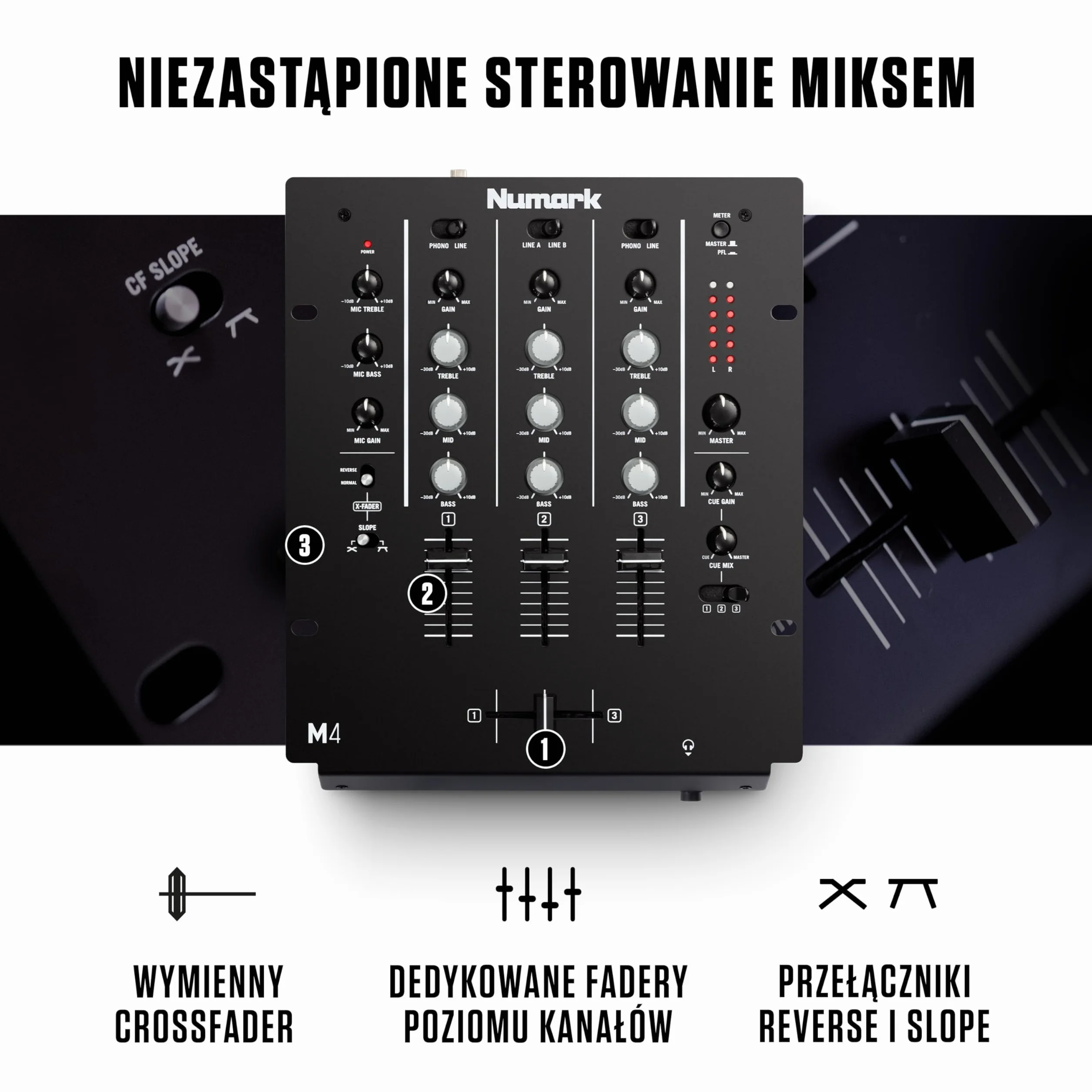 Numark M4 3-kanałowy mikser DJ-ski typu scratch do montażu w racku z 3-pasmowym EQ i crossfaderem