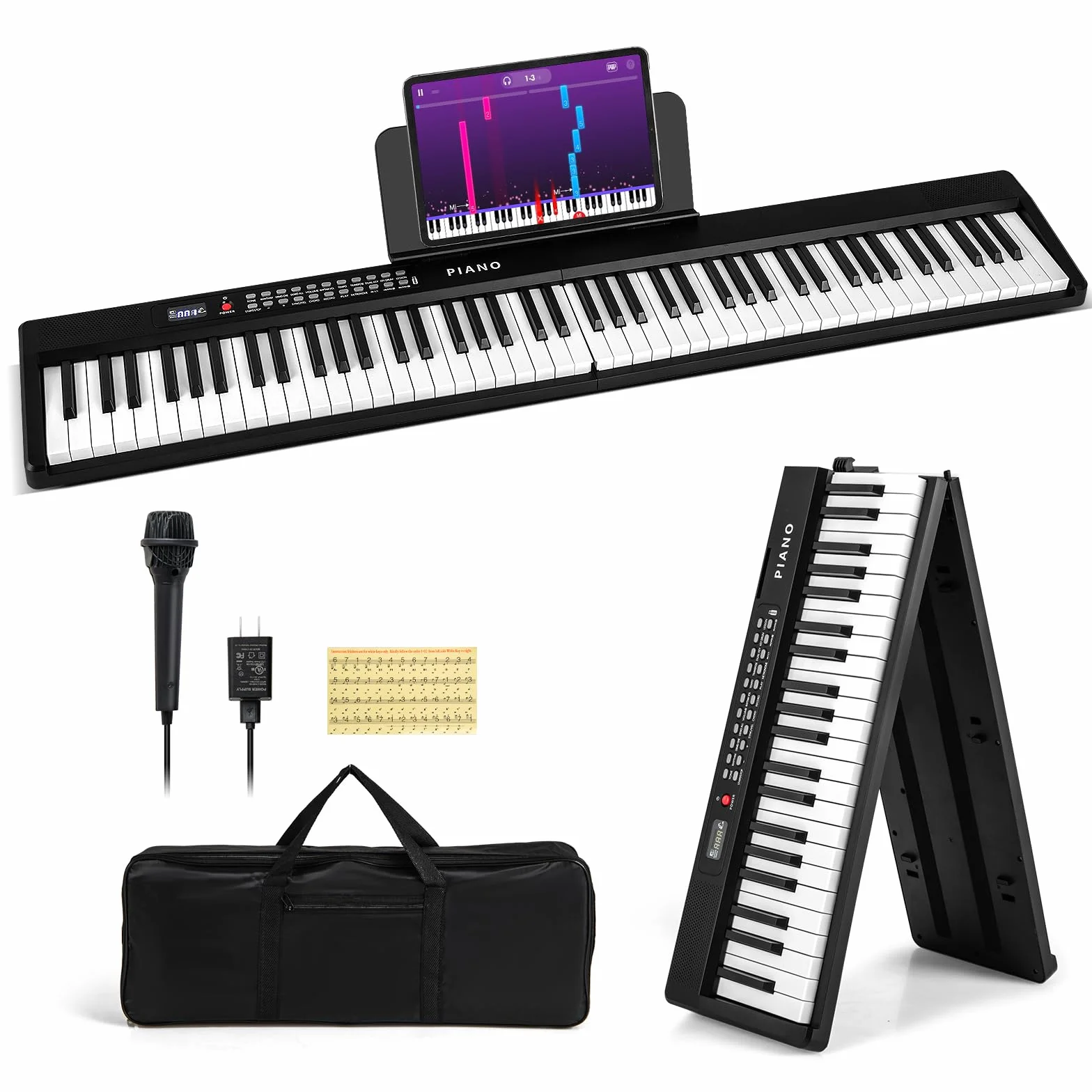 COSTWAY Pianino klawiaturowe 88 klawiszy, składane cyfrowe pianino z Bluetooth MIDI, 1000 rytmami, 1000 dźwiękami, 150 demo, dla dzieci z mikrofonem i torbą, E-Piano dla początkujących Czarny