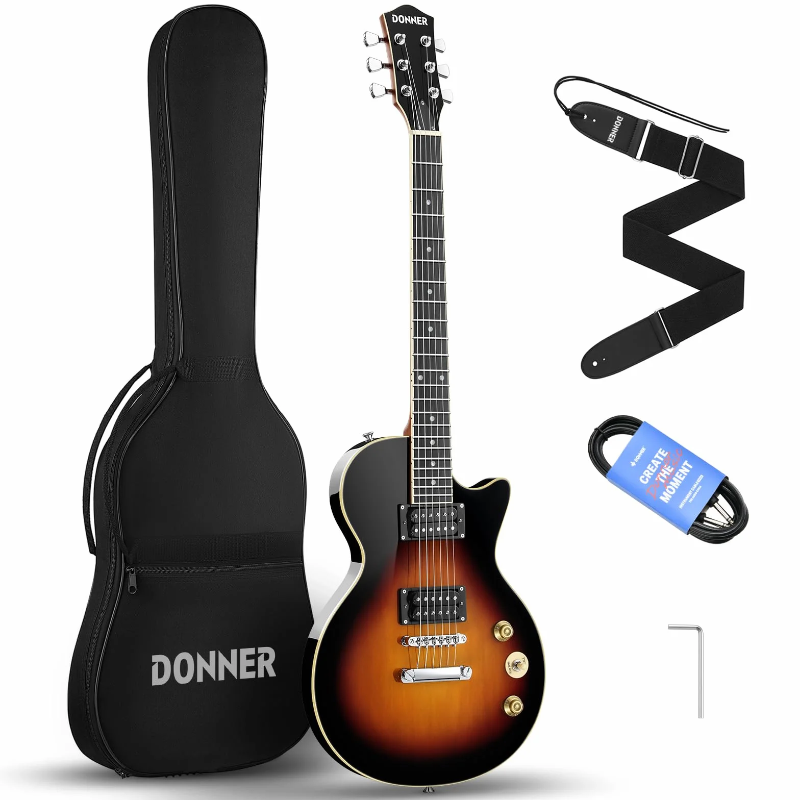 Donner Gitara elektryczna zestaw gitary elektrycznej w stylu LP 39 cali pełny rozmiar z torbą, paskiem, kablem (Sunburst)