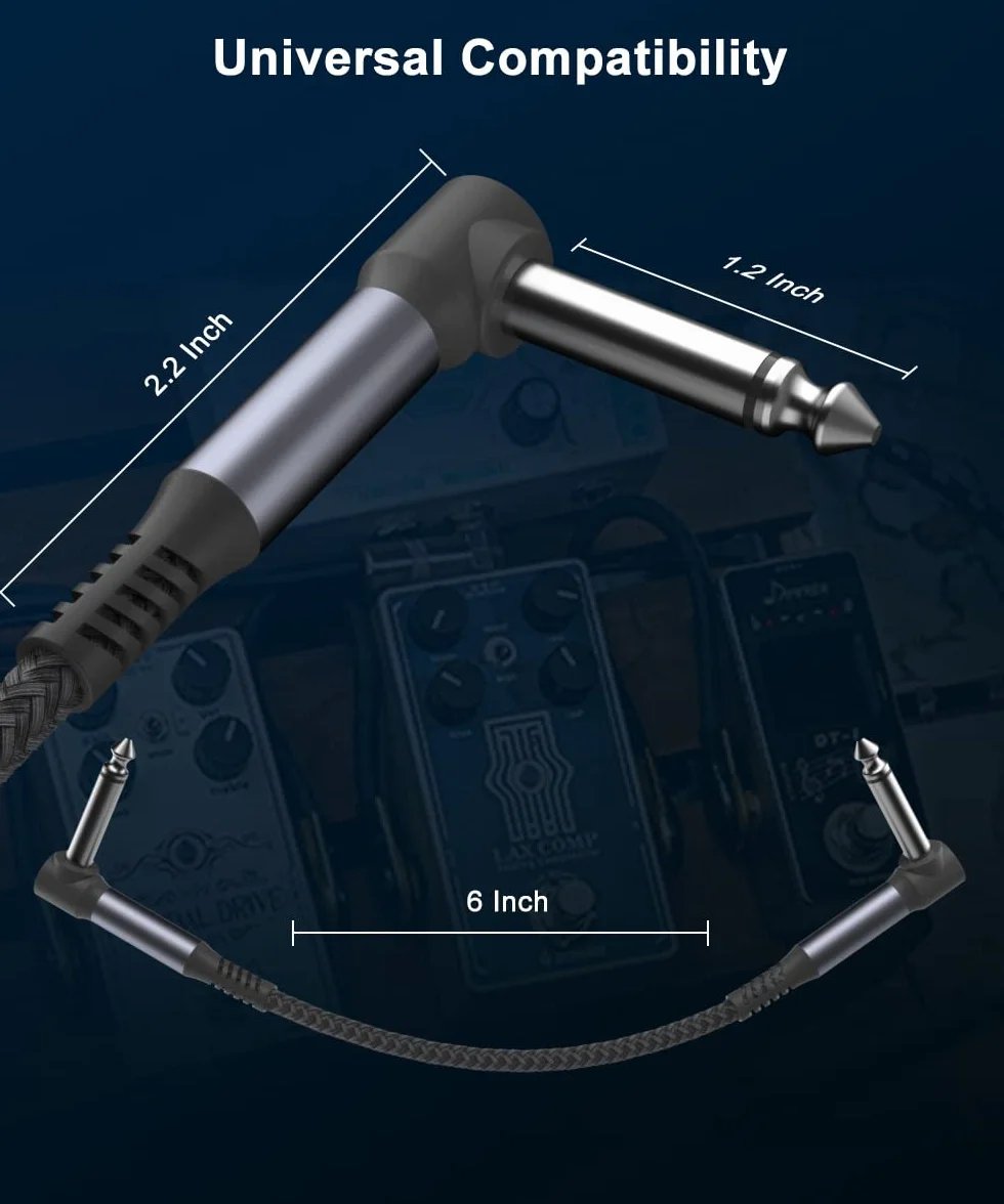 Elebase Zestaw kabli gitarowych, 6 sztuki, 0,15 m, 6,35 mm, wtyk 1/4 cala, kabel do instrumentów, pedalboardów, nylonowy oplot, kabel audio z ekranowaniem, miedź TS, do efektów gitarowych