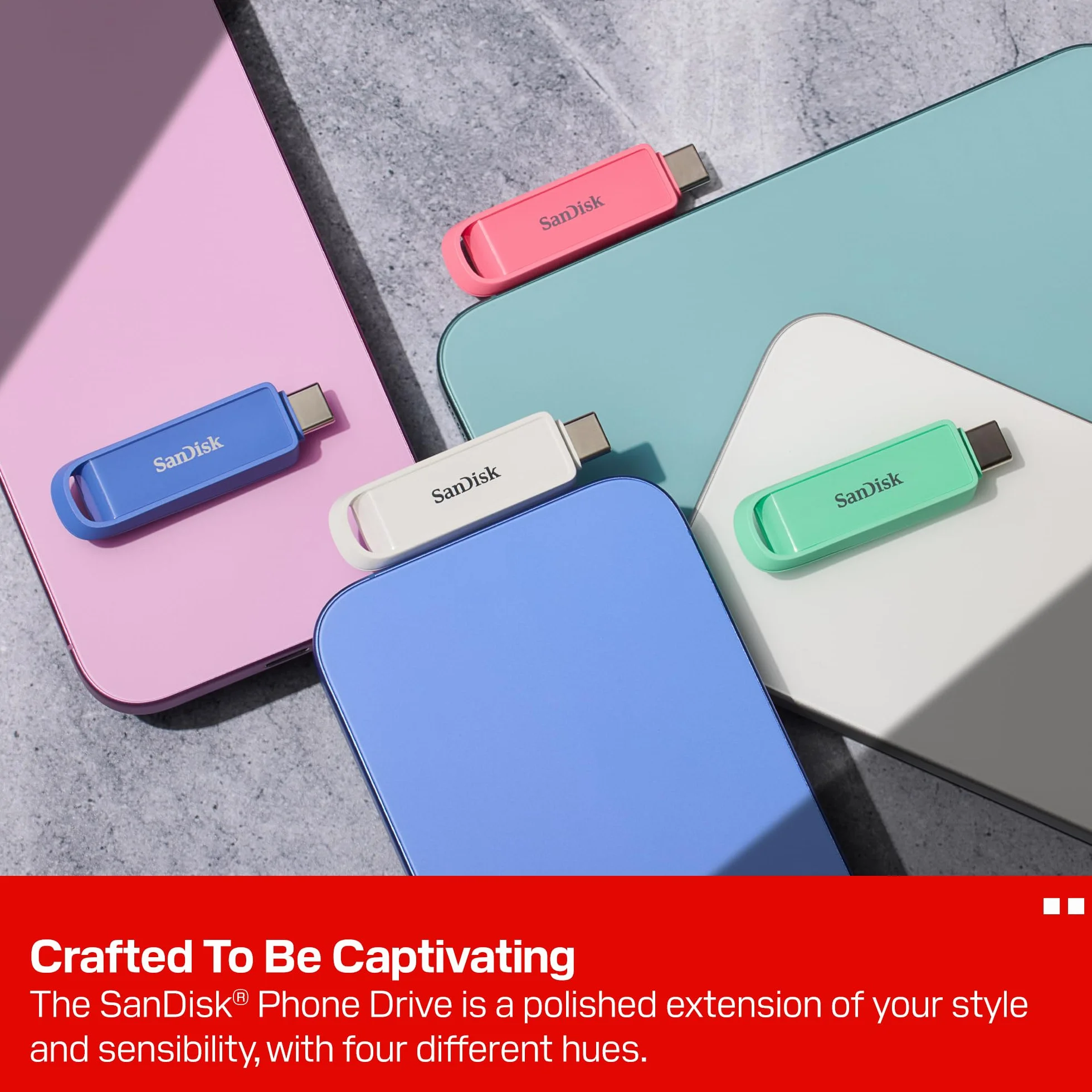 SanDisk Phone Drive z USB Type-C 256 GB (do telefonu, do smartfonów, tabletów i komputerów, prędkością 150 MB/s, Wykonuj automatyczne kopie, Dzięki odzyskiwaniu) - Arctic White