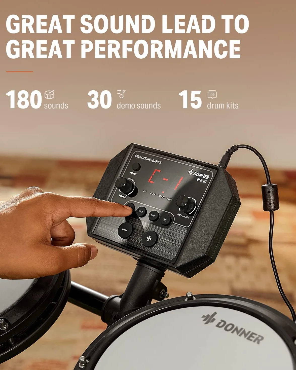 Donner DED-80 7 sztuk muzycznych perkusyjnych elektroniki z naszywkami z siatki, 180 dźwięków, Drum Throne, Headphone, Sticks, Kids Christmas Birthday Gift, 40 Melodics Lessons