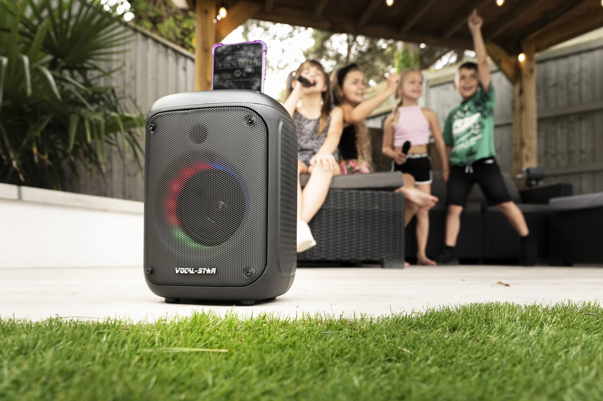 Vocal-Star VS-275 Przenośny sprzęt do karaoke z Bluetooth, 2 mikrofony bezprzewodowe, głośnik 60 W, efekty świetlne, nagrywanie śpiewu, z akumulatorem