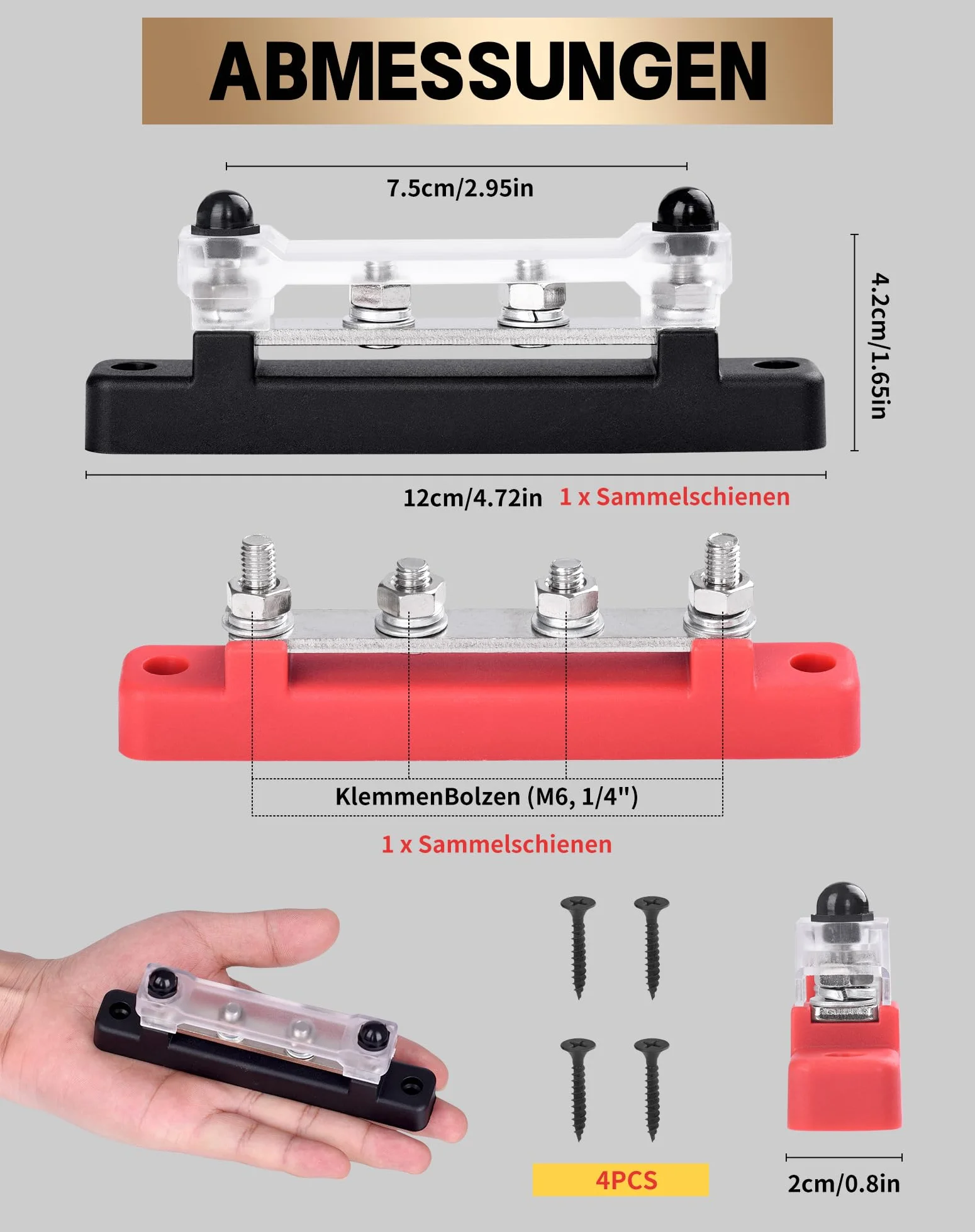 2 sztuki szyn zbiorczych 12 V-48 V DC 150 A, szyny zbiorcze, blok rozdzielczy z 4 x bolcami zaciskowymi M6 12 V, blok rozdzielczy zasilania z pokrywą, rozdzielacz 12 V, do samochodów RV, ciężarówek,