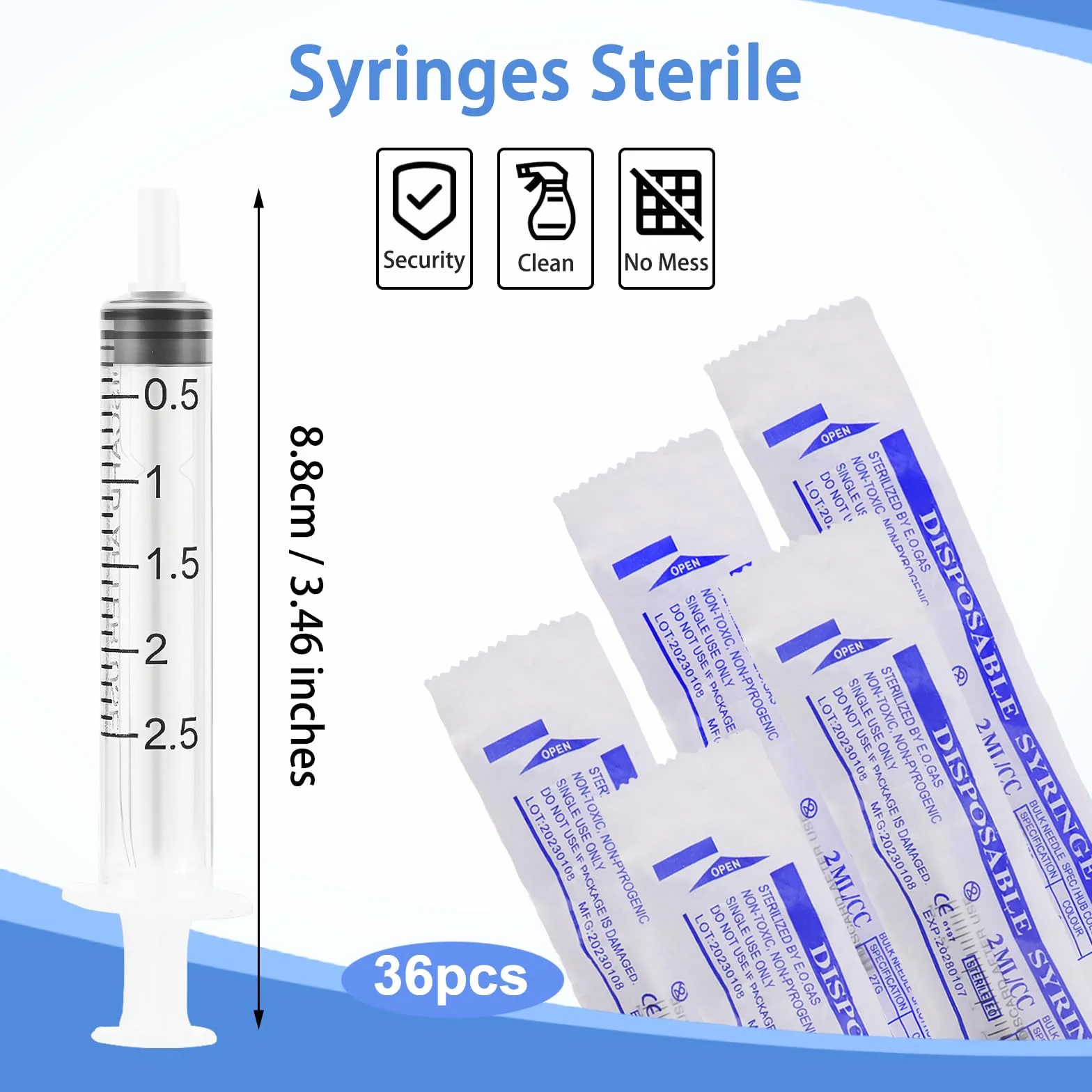 Zestaw 36 plastikowych strzykawek do karmy, 2 ml, pojedynczo zapakowana strzykawka do płynu, strzykawka wielokrotnego użytku z pokrywką, sterylne strzykawki z tworzywa sztucznego, bez igły do