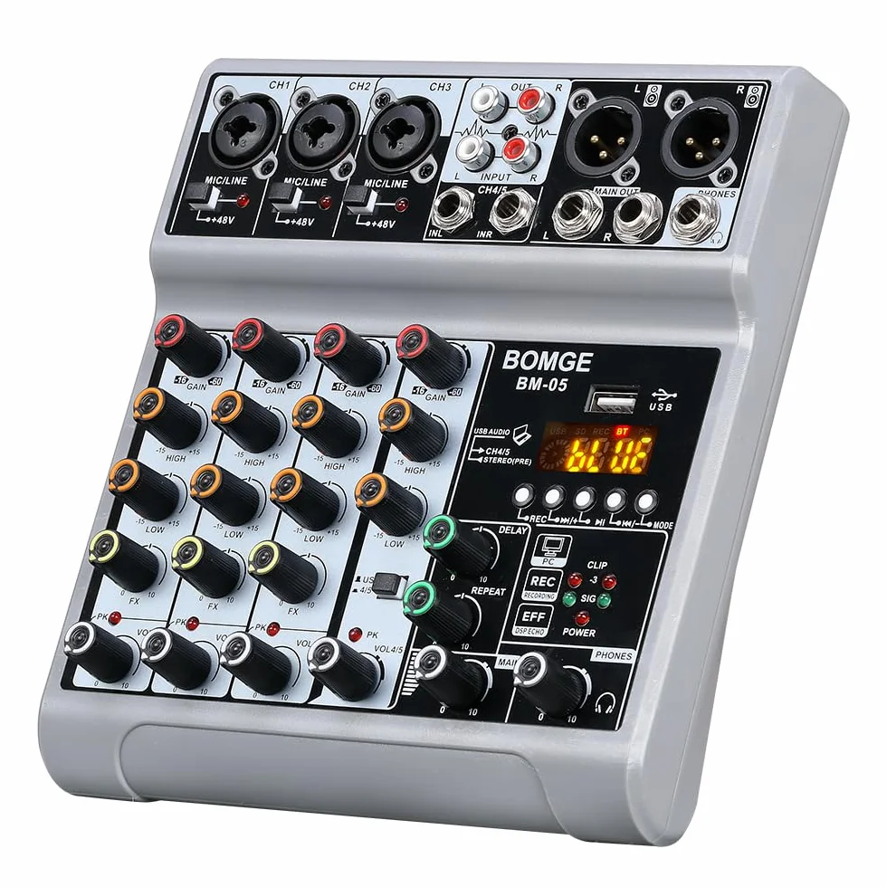 BOMGE Mikser audio 5-kanałowy cyfrowy efekt opóźnienia echa USB Bluetooth 48V Phantom Power