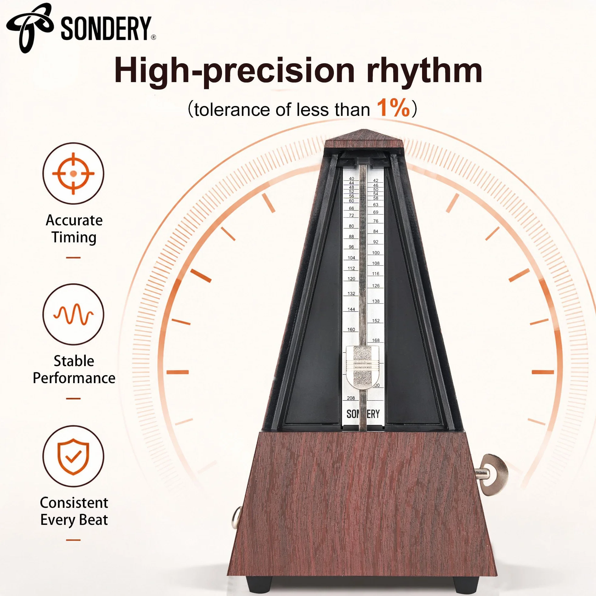 Sondery Classic Mechaniczny Metronom z dzwonkiem do fortepianu, gitary, perkusji, skrzypiec, saksofonu i wszystkich instrumentów, zakres tempa 40-208 bpm, uderzenia 02346, brązowa obudowa z wzorem