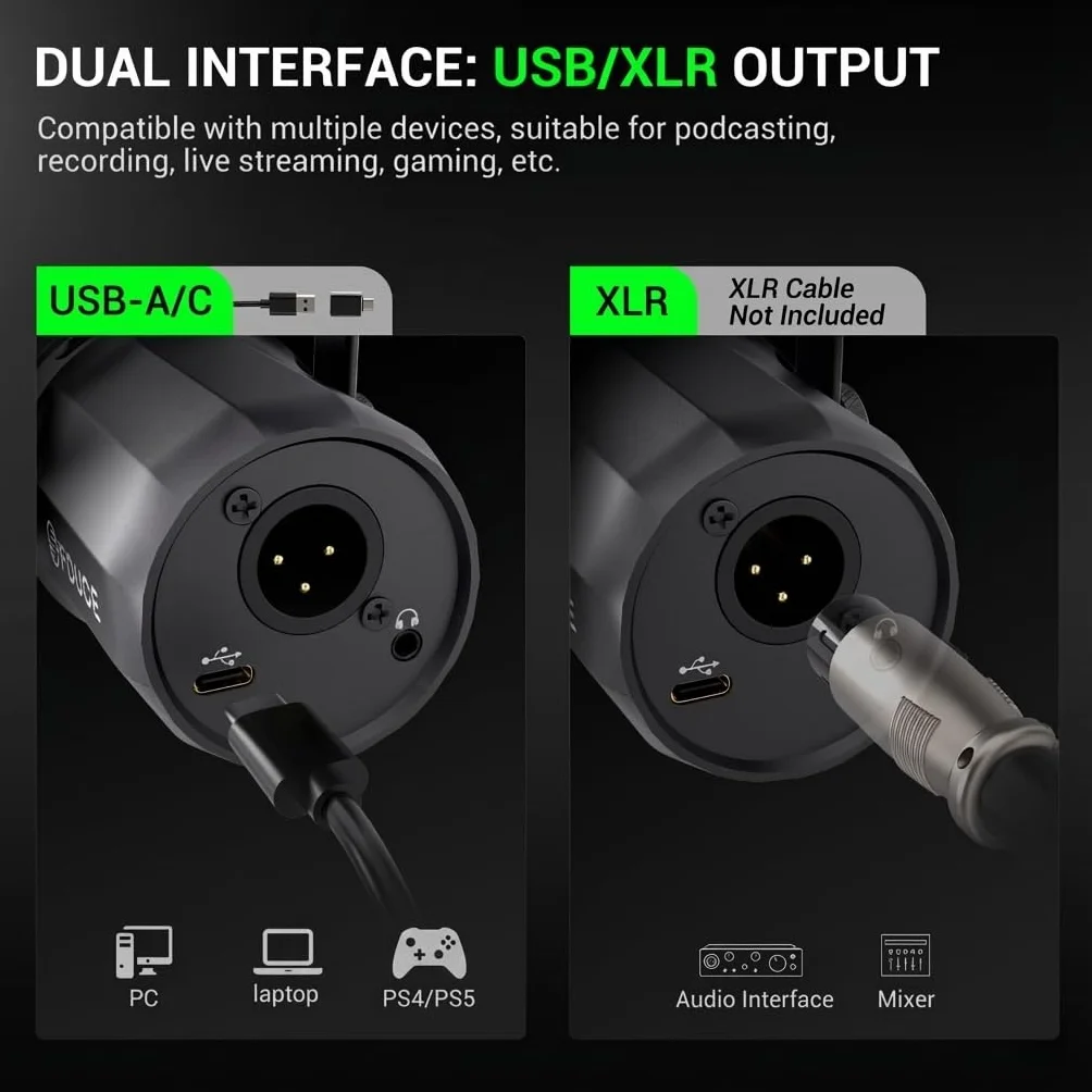 FDUCE SL40+ Zestaw mikrofonowy, USB/XLR do podcastów, grania i streamingu, dynamiczny mikrofon ze statywem typu boom, wbudowane wyjście słuchawkowe, przycisk wyciszenia, pokrętło wzmocnienia