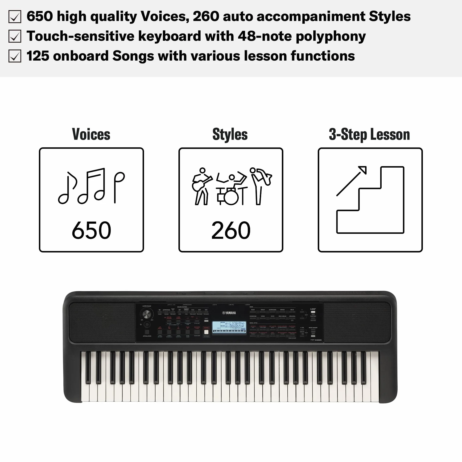 Yamaha PSR-E383 Przenośny Keyboard 61 Czułych na Dotyk Klawiszy, Lekcje Online Yamaha Music School