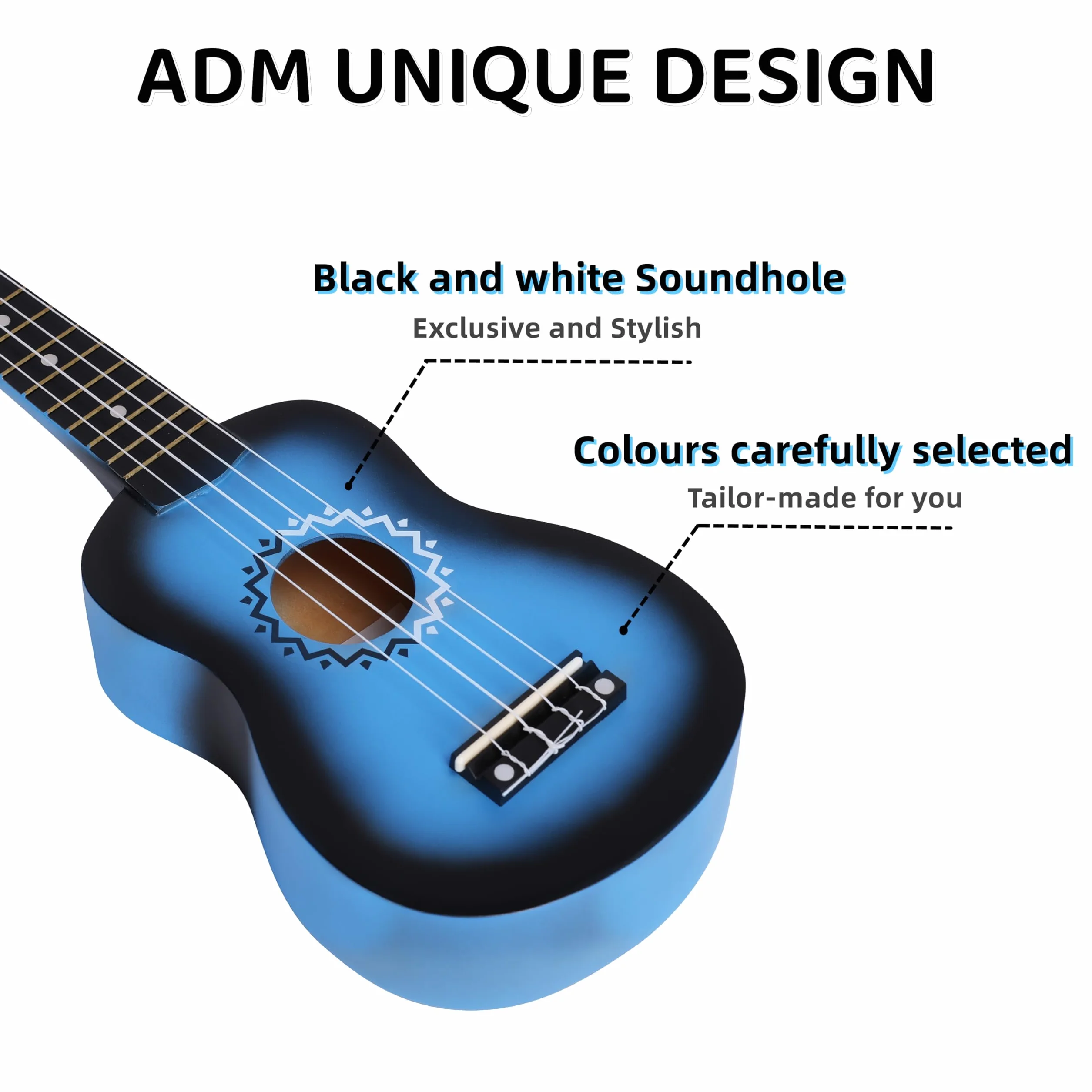 ADM Zestaw ukulele sopranowe dla dzieci i początkujących, zestaw startowy do ukulele z torbą, tuner z klipsem, tęczowe struny, kolorowy pasek, plektron, naklejki na podstrunnicę, karta akordów, AU01L