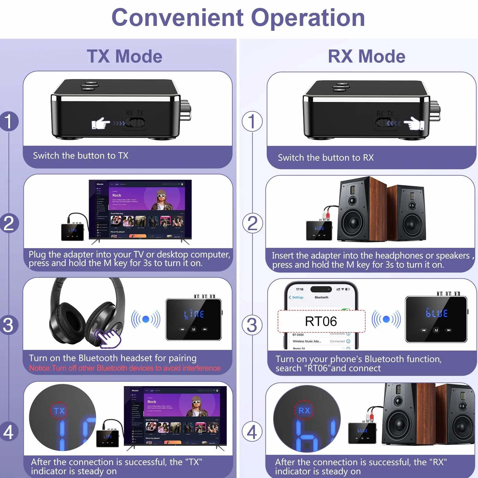 OQIMAXNadajnik Bluetooth 5.4, 3 w 1 adapter Bluetooth/AUX/RCA/optyczny, transmiter Low Latency, odbiornik do TV/PC, system stereo, obsługuje kartę TF/USB