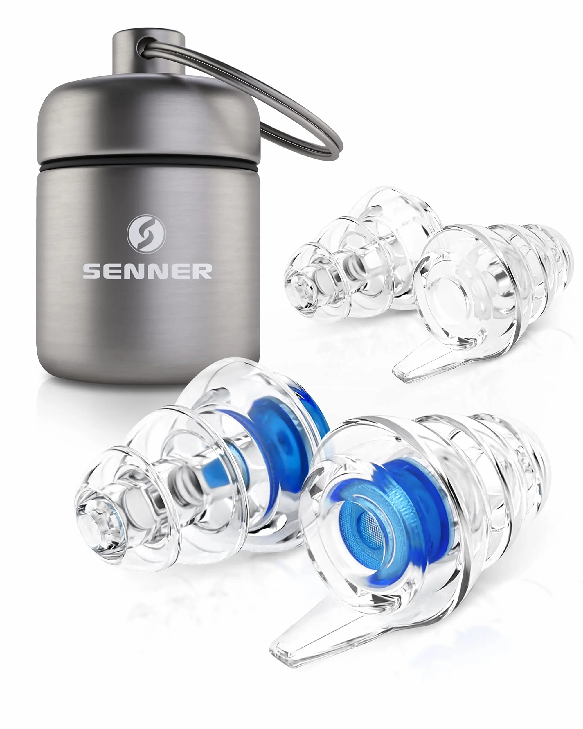 Senner MusicPro - Ochrona słuchu na festiwale, koncerty i dyskoteki, aluminiowy pojemnik, niebieski filtr/przezroczysty - zatyczki do uszu/ochrony słuchu dorośli