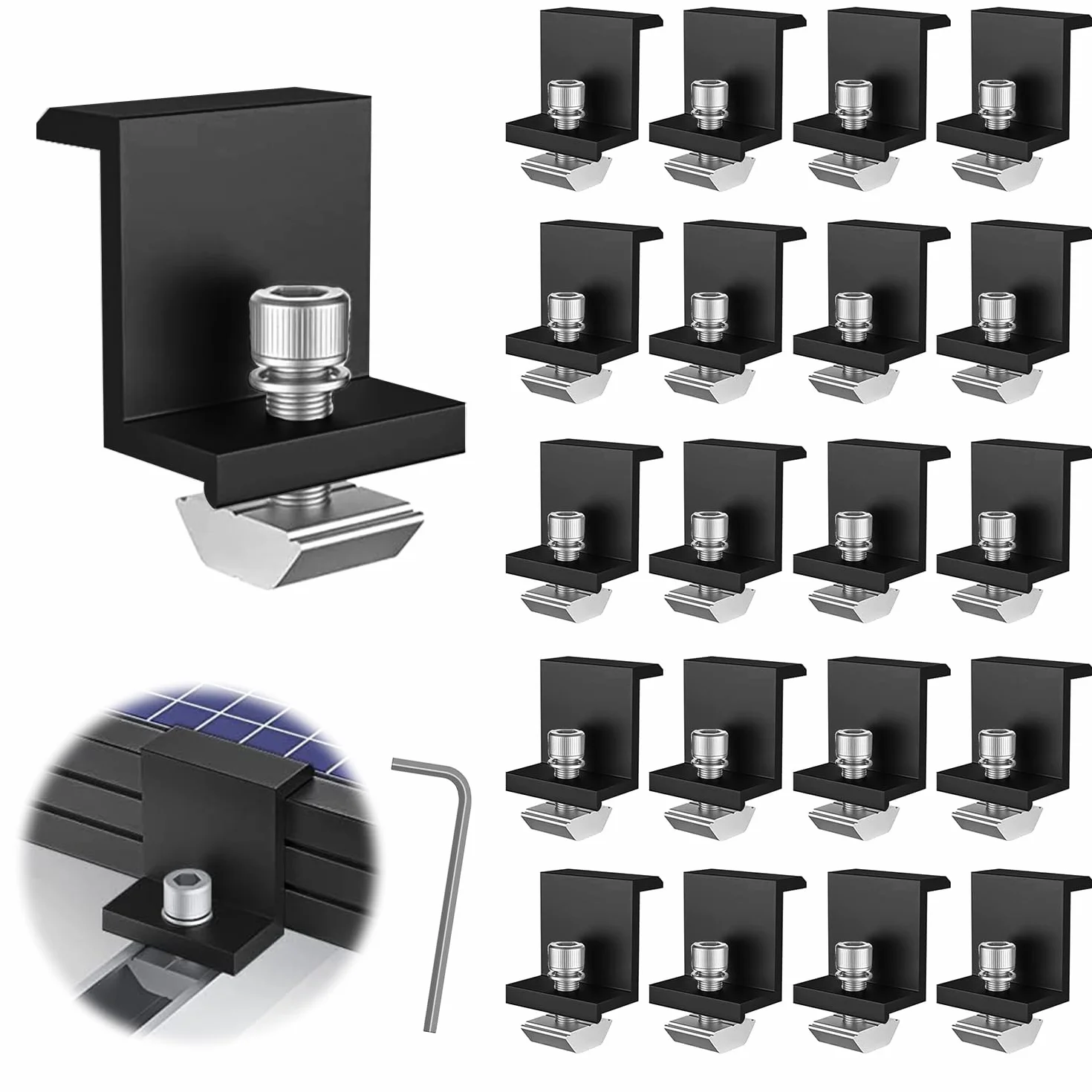 20 sztuk solarnych zacisków końcowych, wspornik modułu solarnego, mocowanie modułu solarnego 30 mm, mocowanie do elektrowni balkonowej, z nakrętkami i śrubami, do montażu modułu solarnego, na kemping,