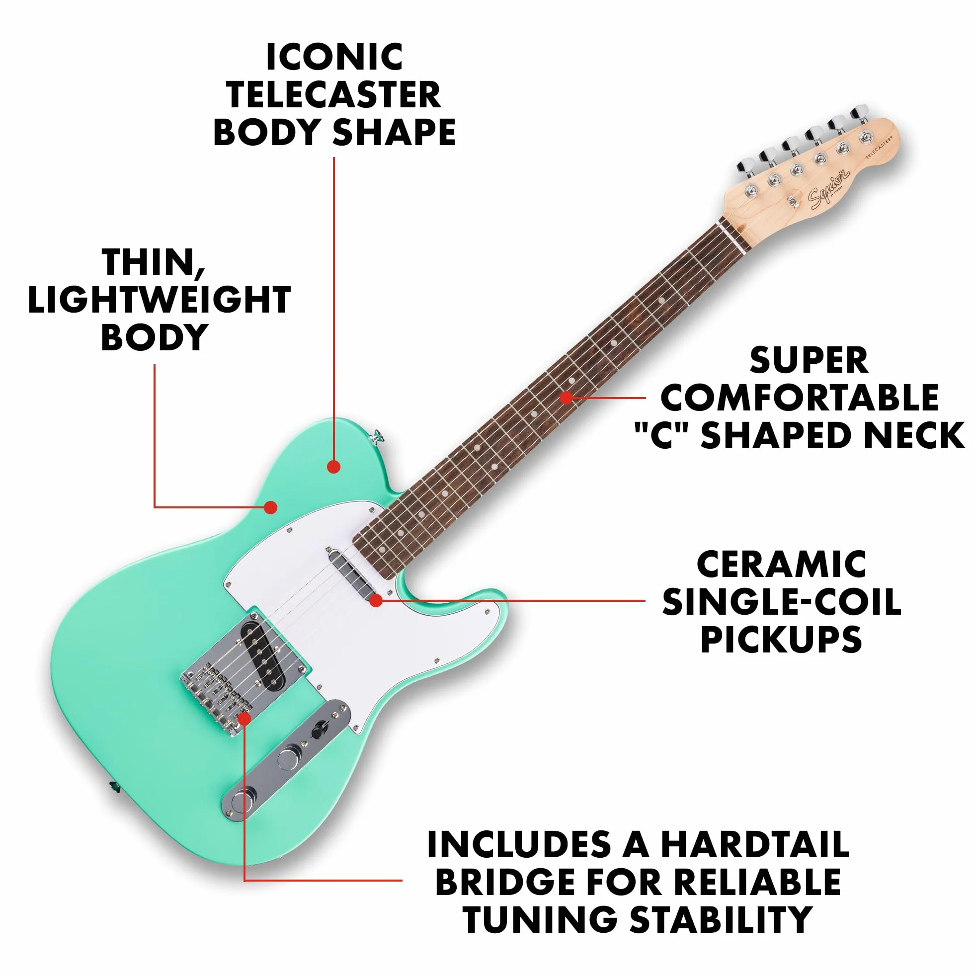 Squier by Fender Debut Collection Telecaster gitara elektryczna, podstrunnica Laurel, biała maskownica, Seafoam Green
