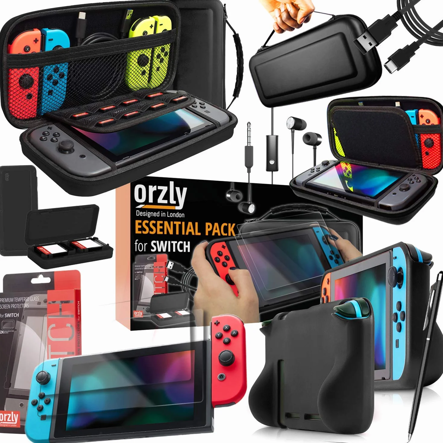 Nintendo Switch Akcesoria, Orzly Ultimate Pakiet do Nintendo Switch [Pakiet zawiera: Ochraniacze ekranu z hartowanego szkła, Kabel Typu C, Pokrowiec (Twarde etui), Komfortowe etui uchwyt itp...] -