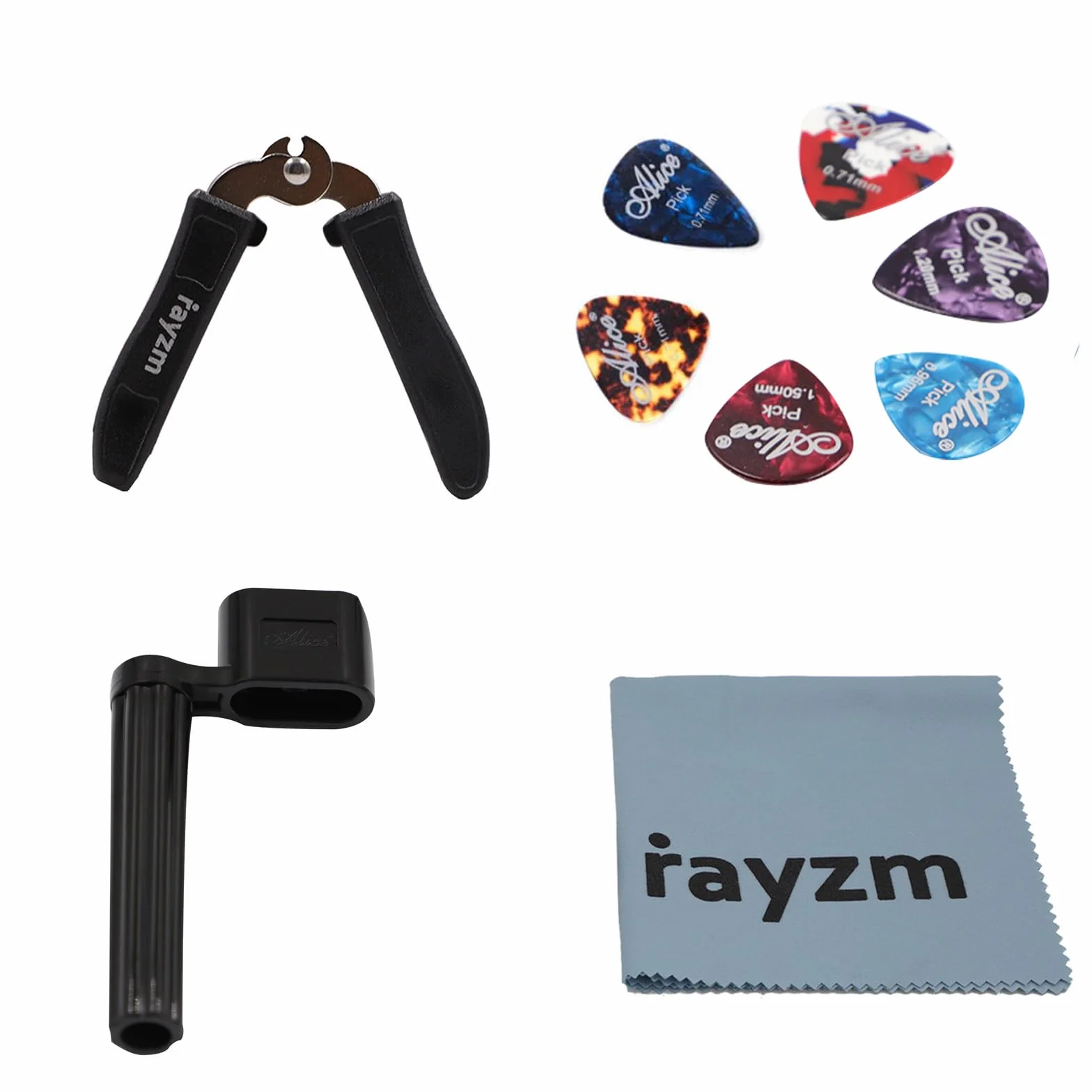 Rayzm Nawijarka do kołków gitarowych/Obcinaczka do strun gitarowych/Ekstraktor szpilek mostkowych, 6 szt. celuloidowych kostek gitarowych/plektronów, Ściereczka do polerowania gitary z mikrofibry