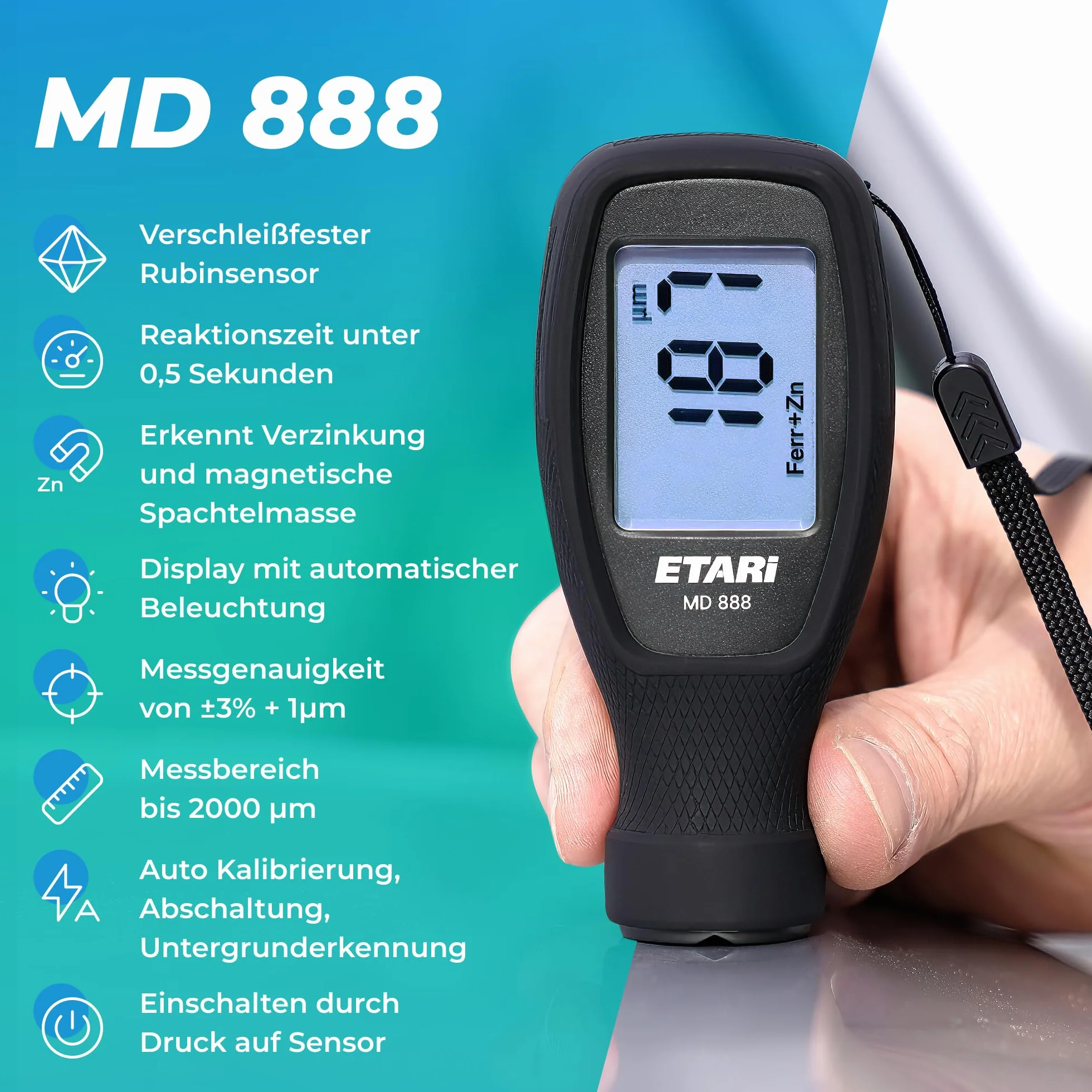 ETARI® MD 888 miernik warstwy lakieru do zastosowań profesjonalnych, z czujnikiem wykonanym z odpornego na zużycie rubinu, rozpoznaje części ocynkowane i metaliczno-magnetyczną masę
