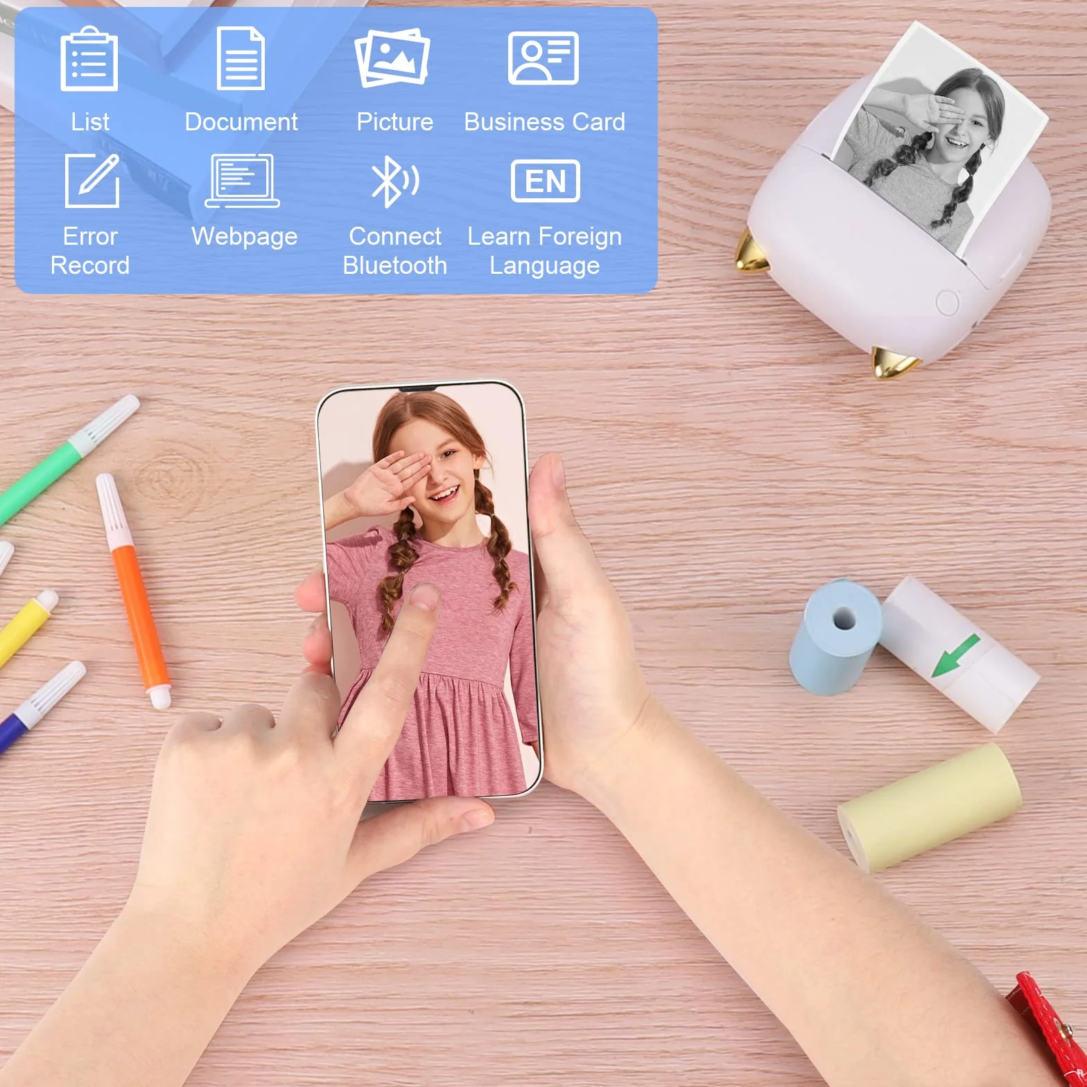 GuKKK Mini drukarka, mobilna drukarka fotograficzna, przenośna, mini drukarka fotograficzna z siedmioma kolorami LED, bezprzewodowa drukarka fotograficzna, drukarka termiczna do smartfona, drukarka