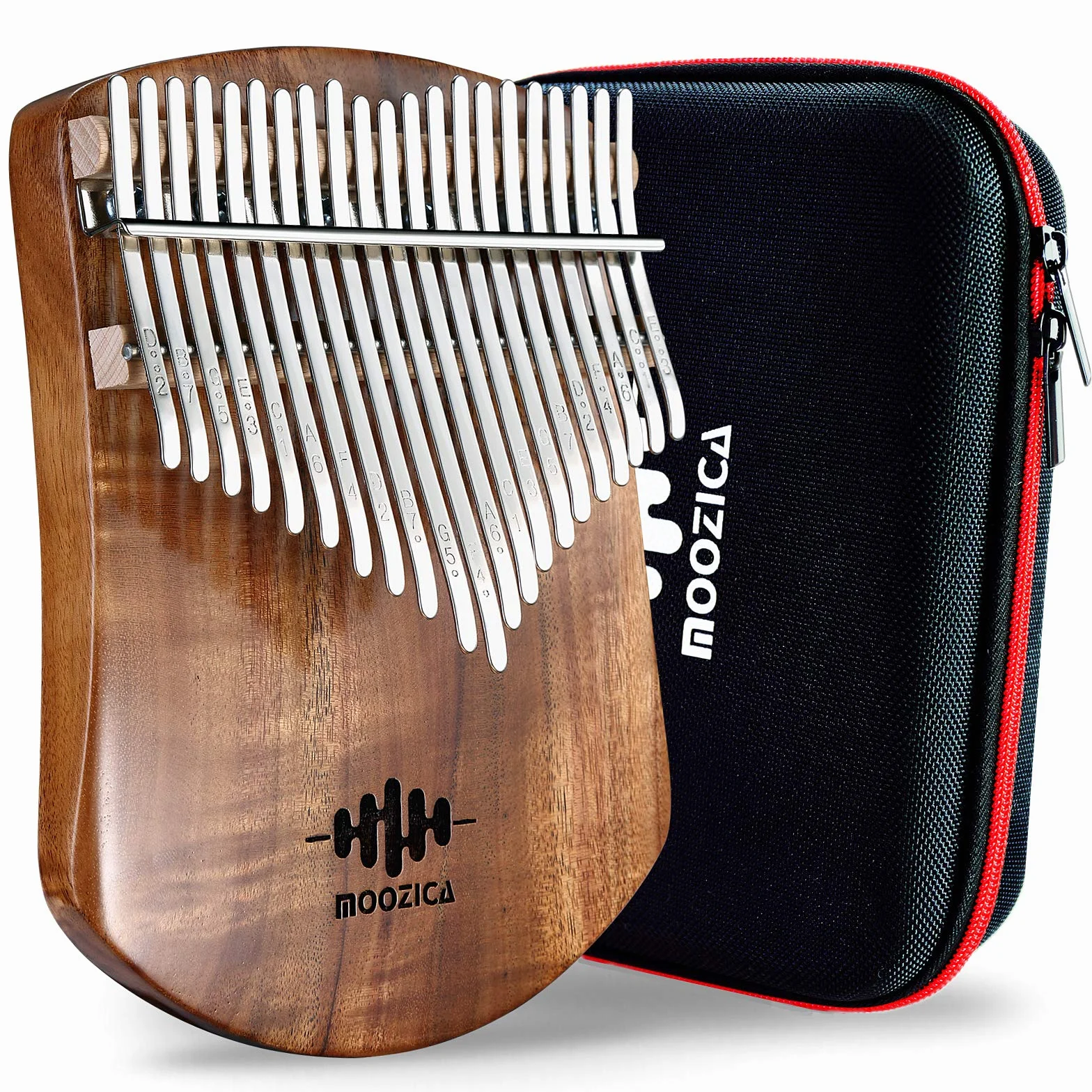 MOOZICA Kalimba pianino kciukowe z 21 klawiszami z litego drewna koa, płaska płyta z litego drewna, profesjonalna kalimba-marimba z instrukcją nauki i torbą do przenoszenia (Akazie-Koa, 21 klawiszy)