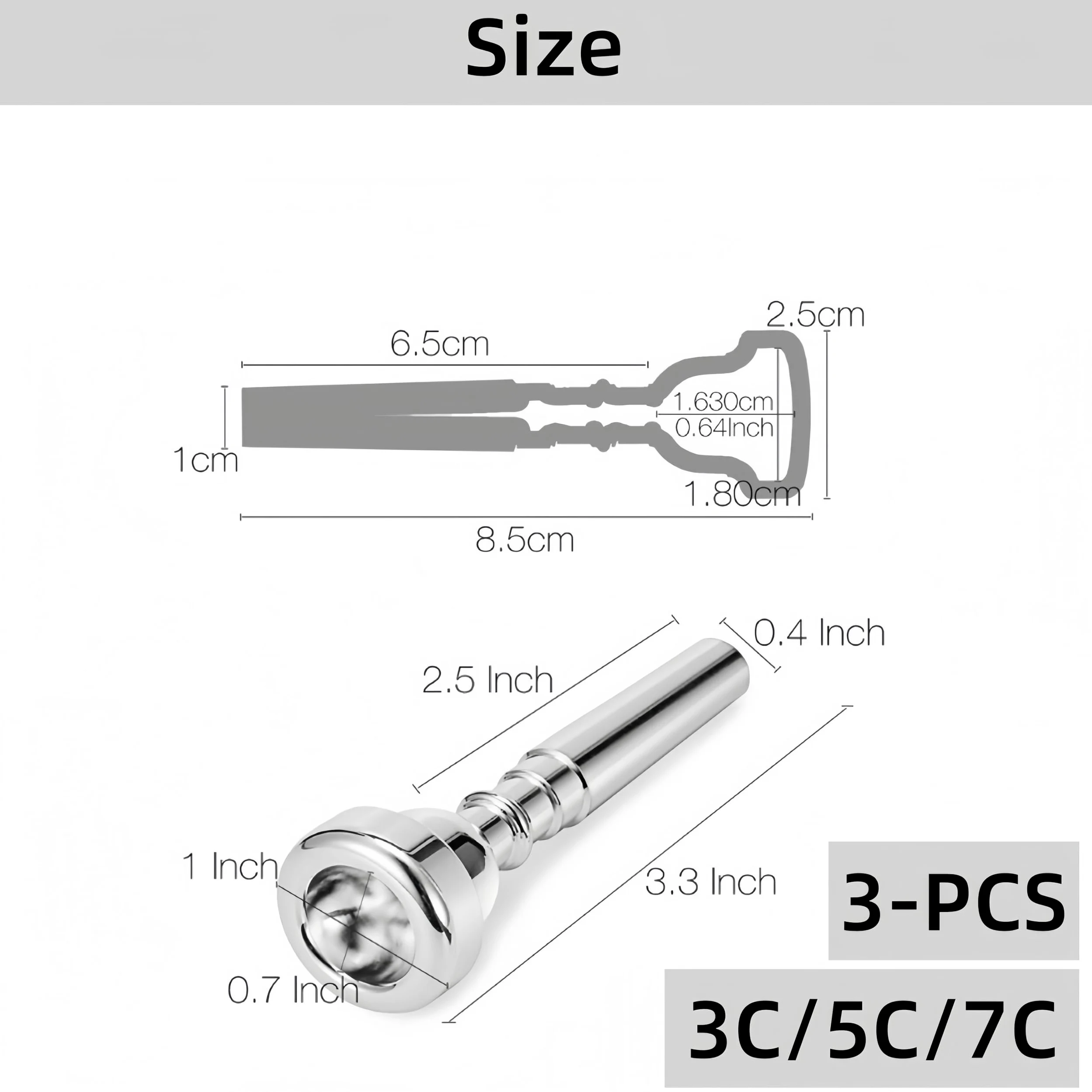 3 sztuki akcesoriów do instrumentów trąbkowych mosiądz trąbka ustnik 3C 5C 7C rozmiar instrument akcesoria ustnik trąbki - srebrny