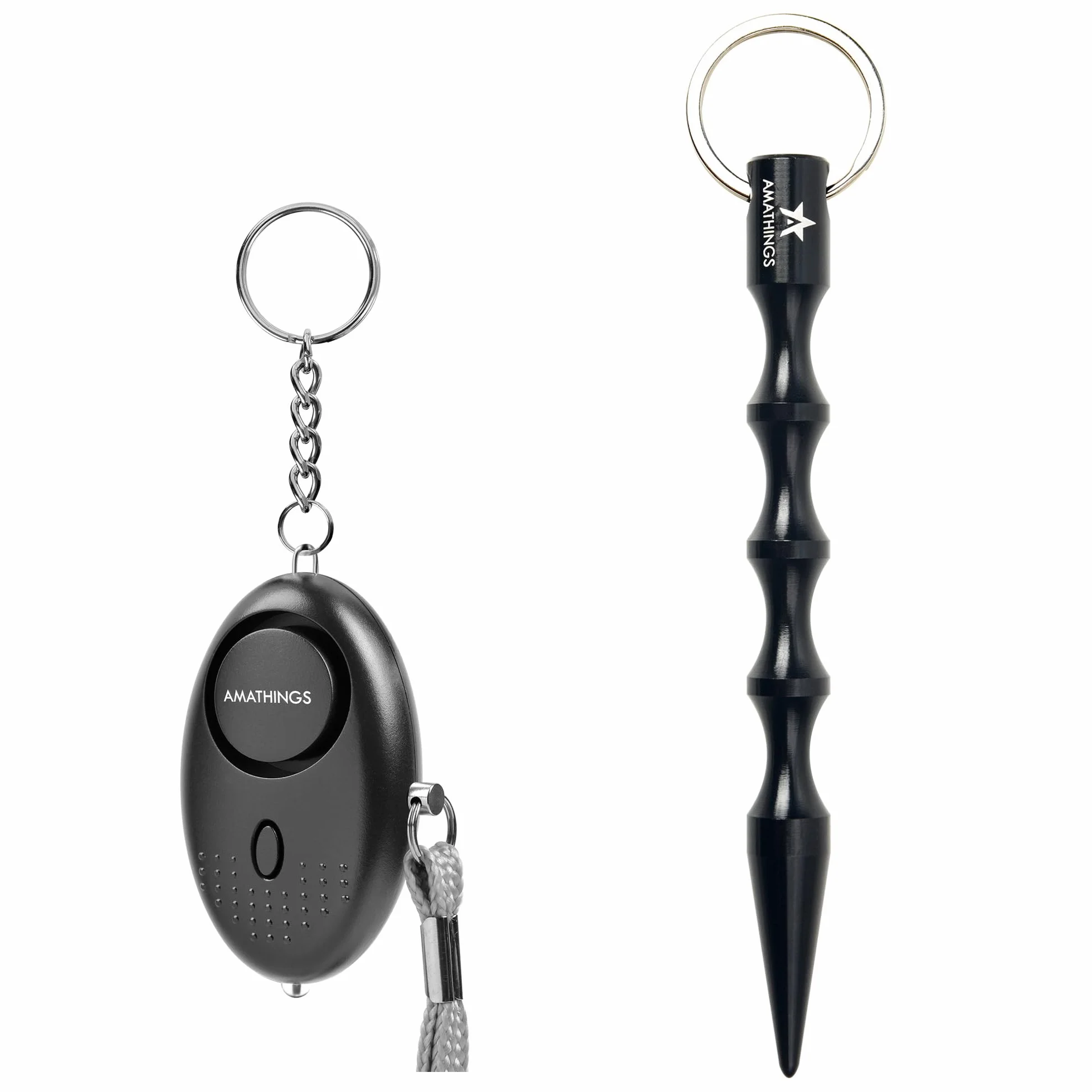 AMATHINGS Zestaw bezpieczeństwa 2w1: 130 dB alarm kieszonkowy i ergonomiczny Kubotan – kompleksowa ochrona dla kobiet i seniorów – Dyskretny zestaw do samoobrony do torebki i breloczka – Czarny