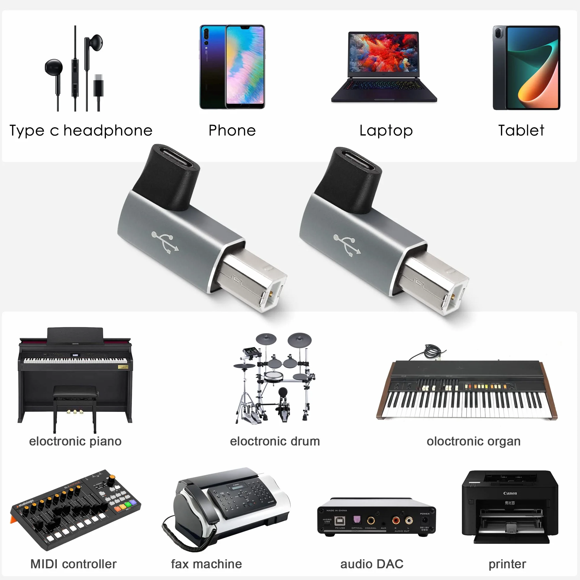 QIANRENON Kąt 90° konwerter adaptera USB C na MIDI żeński do USB B dla drukarki, MIDI pianino elektryczne, perkusja elektroniczna, 2 szt., szary