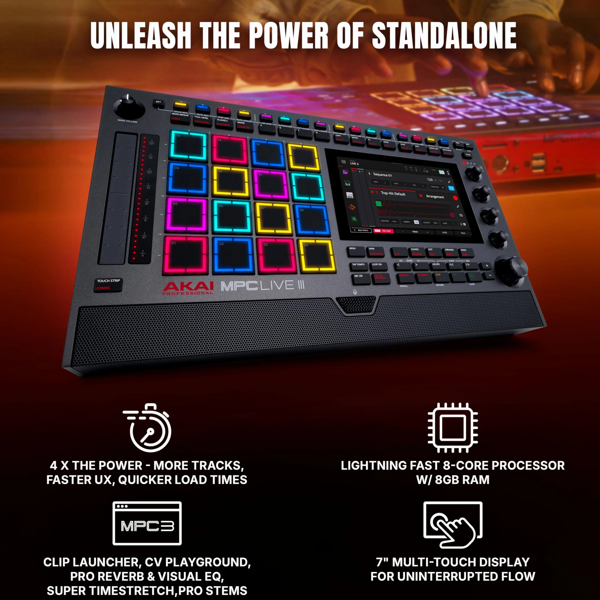Akai Professional MPC Live III Przenośne centrum produkcji muzycznej z padami MPCe, sekwencerem, ekranem dotykowym, mikrofonem, monitorami, interfejsem audio, Wi-Fi, Bluetooth, baterią, touchstripem