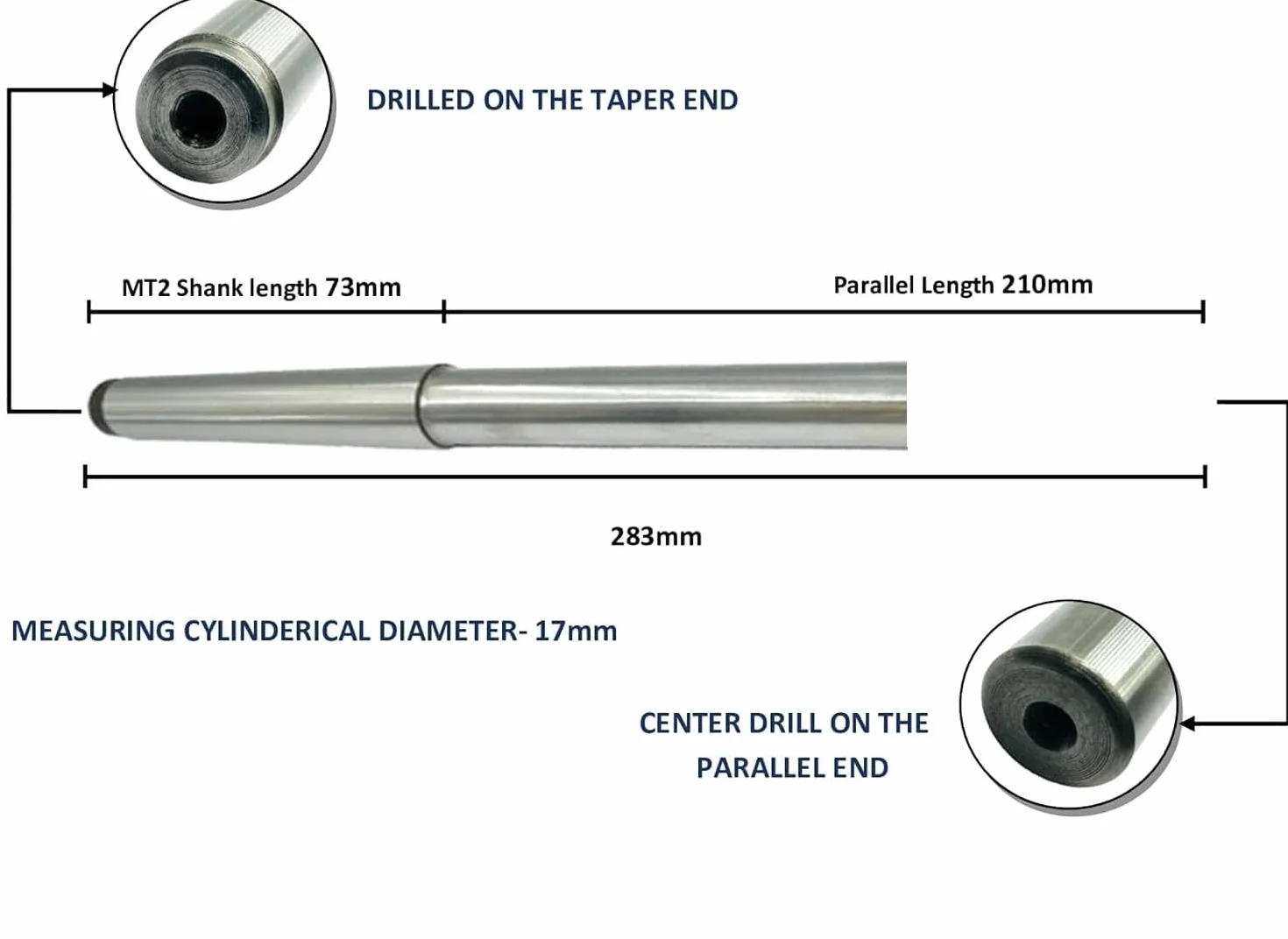 2MT Pręt testowy wyrównywania trzpienia tokarki MT2 11-1/8" (283 mm) | Stal stopowa EN 31 | Długość chwytu stożkowego 73 mm | Wiertło środkowe | Hartowane i szlifowane