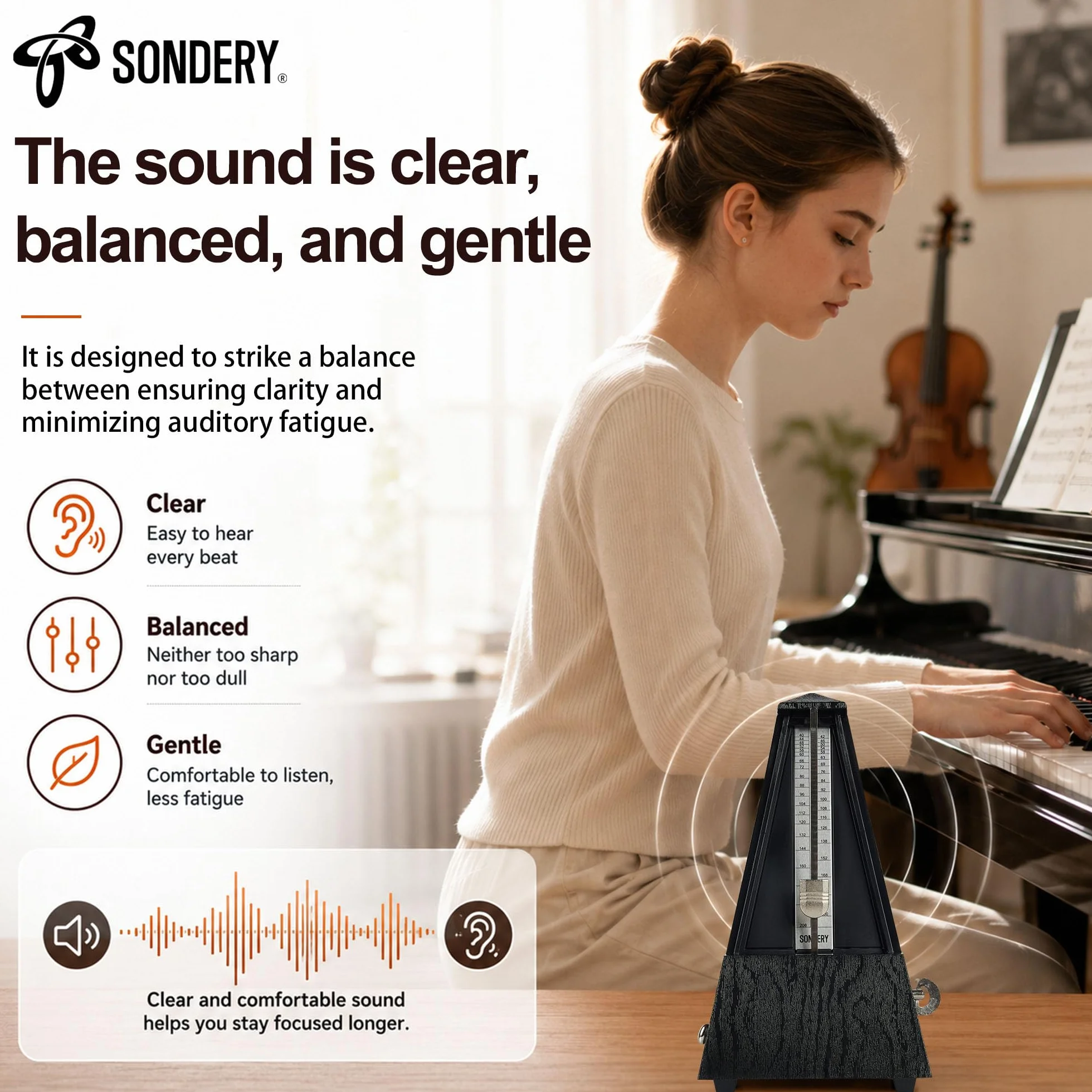 Sondery Klasyczny mechaniczny metronom z dzwonkiem do wszystkich instrumentów, zakres tempo 40-208 bpm, Beats 02346, plastikowa obudowa