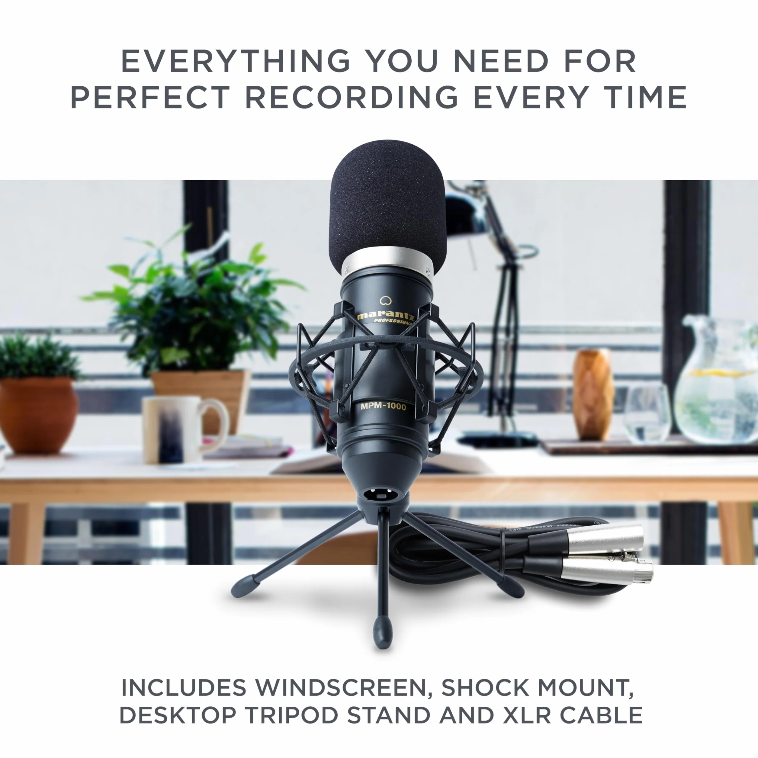Marantz Professional MPM-1000 – Studyjny mikrofon pojemnościowy z podstawką biurkową i kablem – do podcastów i streamingu