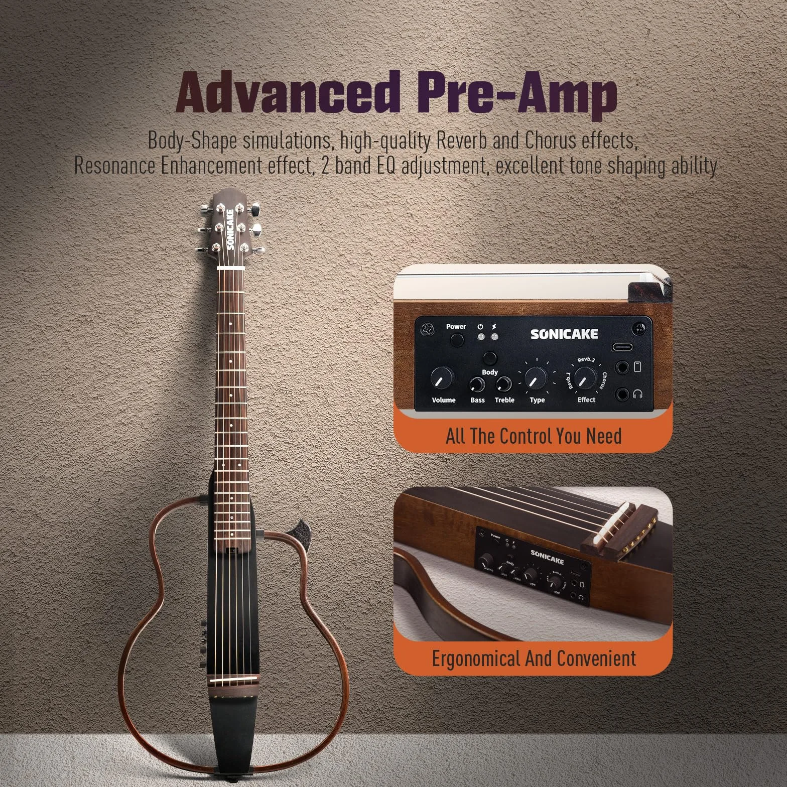 SONICAKE Elektryczna gitara akustyczna, korpus z litego mahoniu, Sim Preamp, Gigbag QGT-01