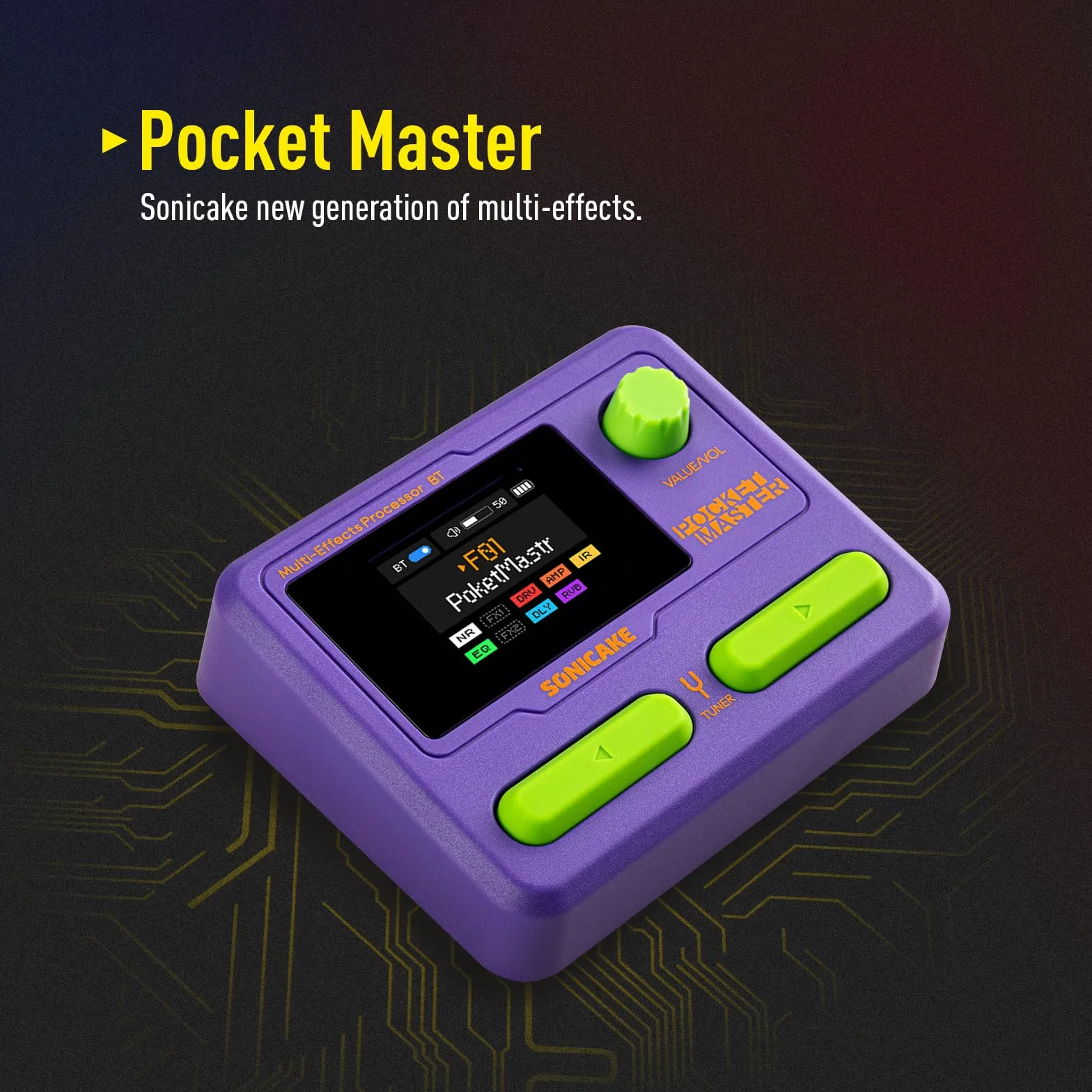 SONICAKE Pocket Master Przenośny procesor gitarowy i basowy z modelowaniem wzmacniaczy, symulacją kolumn IR, efektami, interfejsem audio USB OTG stereo, Bluetooth, kolorowy ekran LCD 1,77", fioletowy