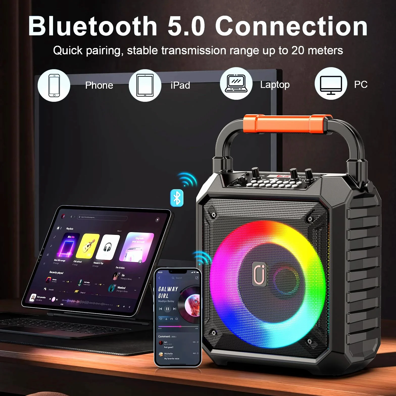 JAUYXIAN Karaoke Machine z 2 mikrofonami bezprzewodowymi, przenośny głośnik Bluetooth, system PA TF/USB/AUX