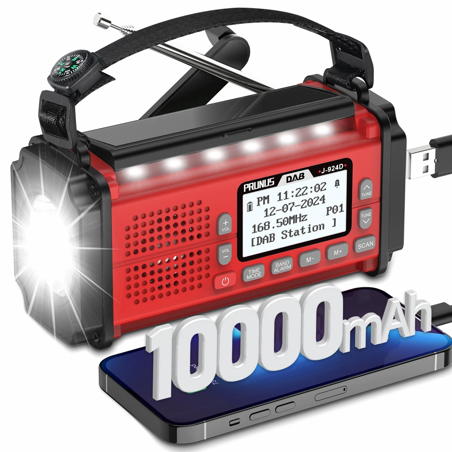 PRUNUS J-924 Dab/UKW Radio cyfrowe z funkcją wstępnego wyboru, małe przenośne radio z 10000 mAh Power Bank, Radio słoneczne i baterie, z korbą, latarką, SOS. (czerwony)