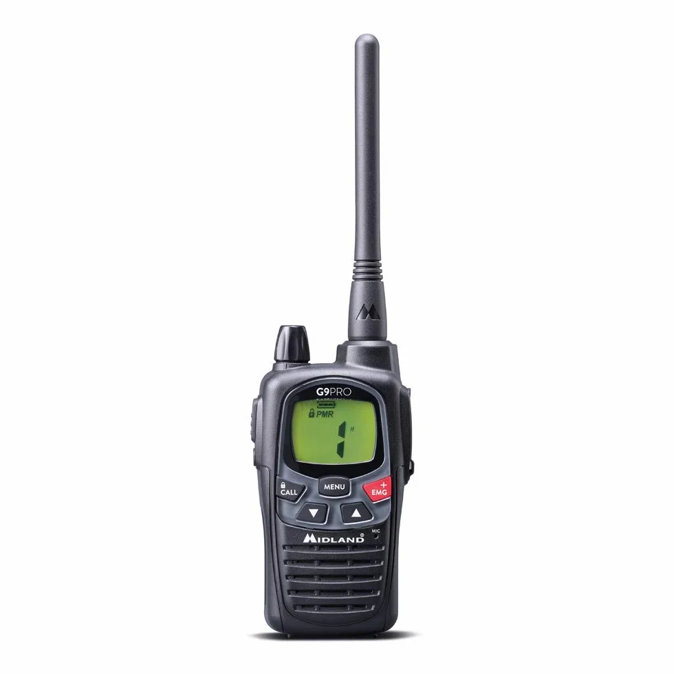 Midland G9 Pro C1385, Radio Odbiorczo-Nadawcze IPX4 Wodoodporne Walkie Talkie Na Zewnątrz 34 Kanały PMR446, Akumulatory Ładowalne AA 1800 mAh, Stacja Ładowania i Uchwyt Na Pas