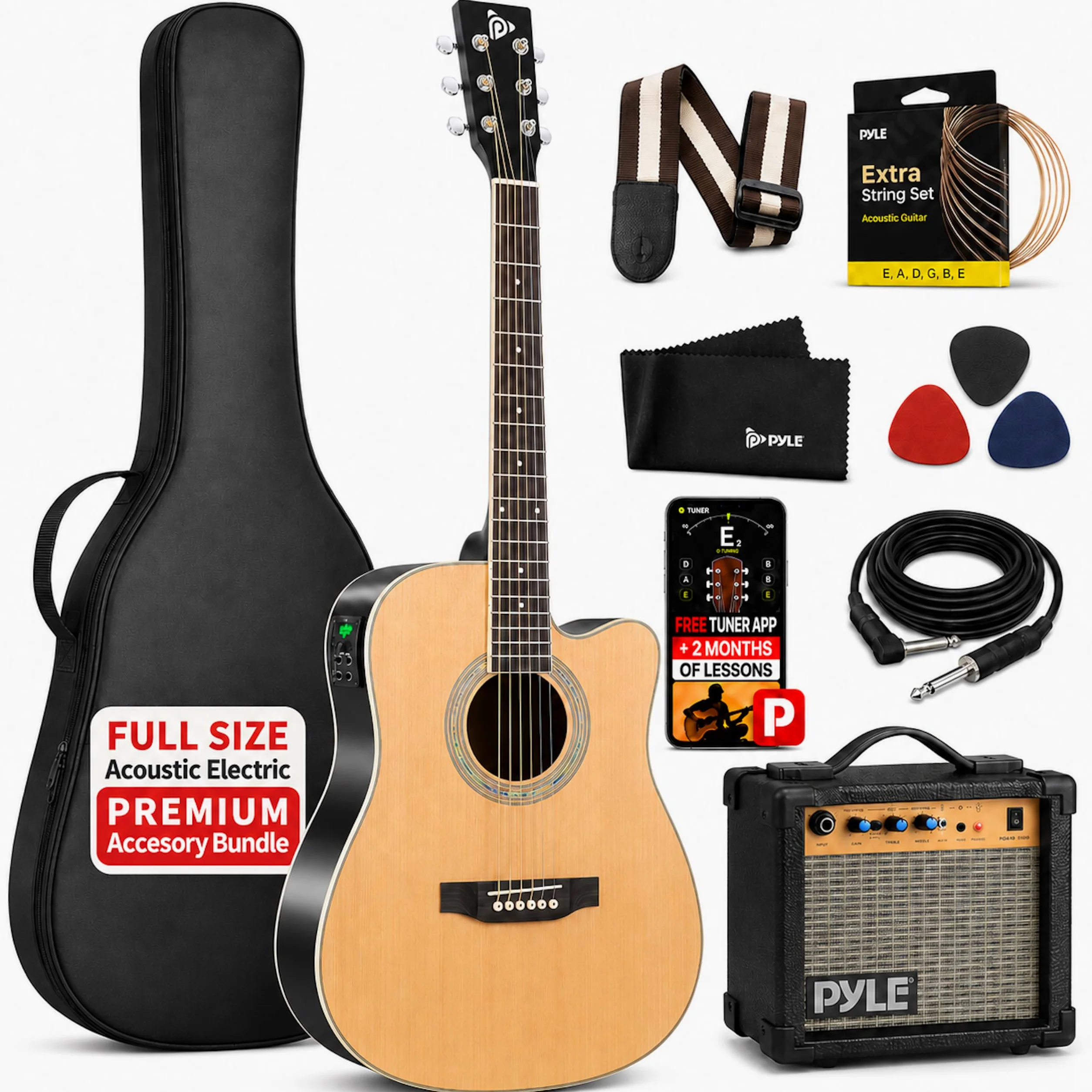 Akustyczna gitara elektryczna i zestaw wzmacniacza pełna skala 104 cm stalowy sznur świerkowy z torbą Gig Bag, 4-pasmowy EQ, tuner z klipsem i wbudowanym strojem, kostki, pasek na ramię dla początkujących i studentów