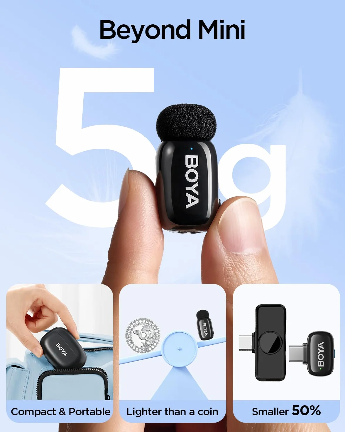 Boyamini bezprzewodowy mikrofon krawatowy do iPhone 15/16 Android USB-C Plug, ultra mini mikrofon z redukcją szumów, zmiana głosu AI, mikrofon klapowy do nagrywania wideo, vlogowania, TikTok, YouTube