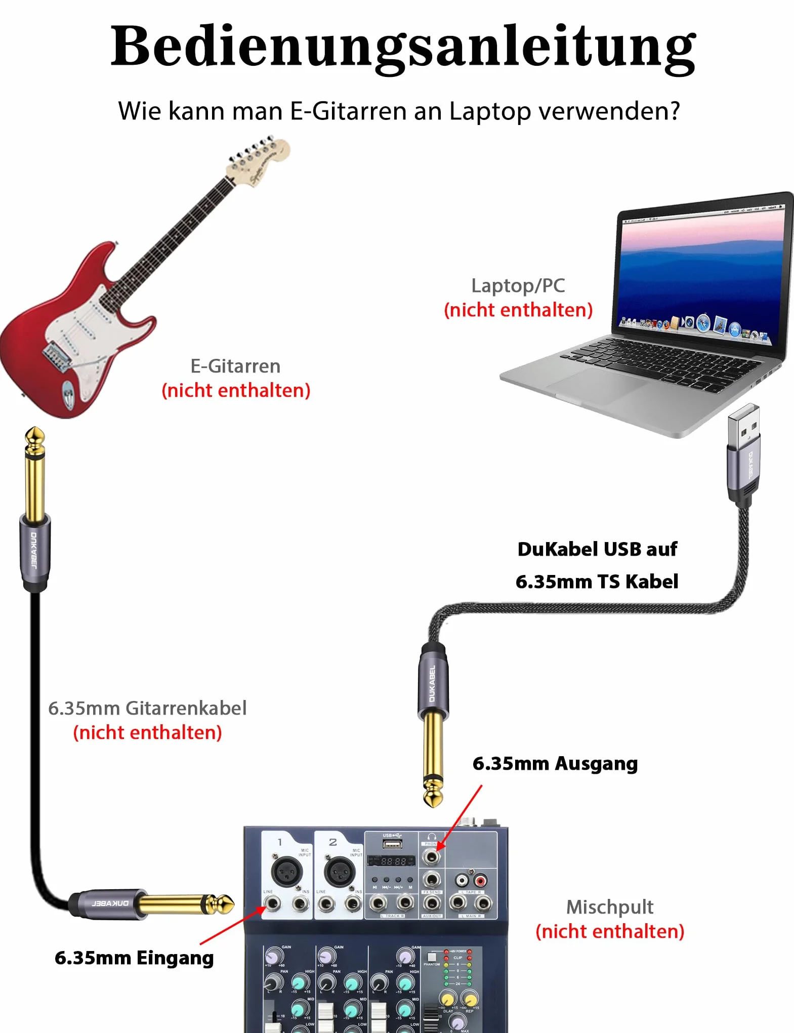 DuKabel Kabel USB do gitary USB na 1/4 TS do nagrywania gitary, 2,4 m, typ A na 6,35 mm, kabel konwerterowy mono do instrumentów, basów, e-keyboardu, miksera, wzmacniacza, komputera, laptopa