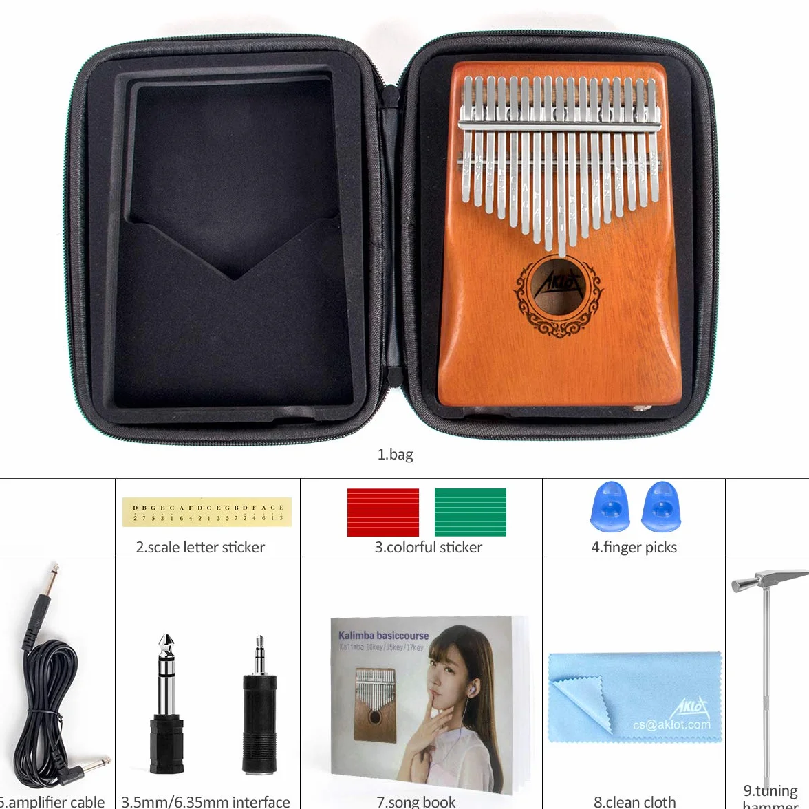 AKLOT Kalimba elektryczna 17 klawiszy EQ z wbudowanym pickup, zestaw startowy