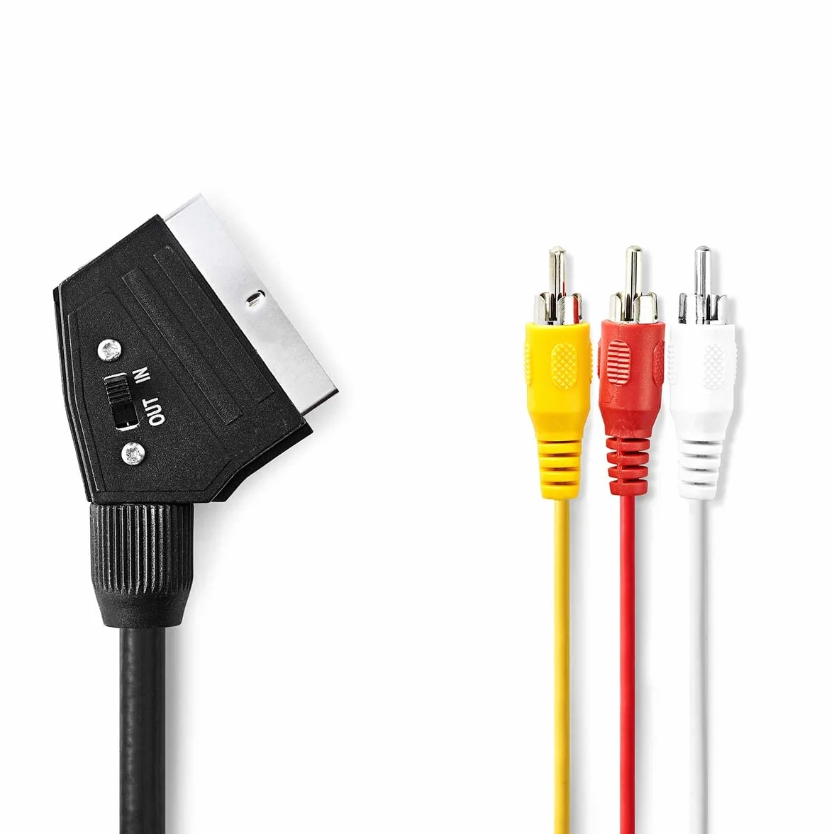 NEDIS Kabel SCART | wtyczka SCART | 3 x wtyczka cinch | niklowany | przełączany | 480p | okrągły | PCW | czarny | worek plastikowy 1,00 m 1,00 m