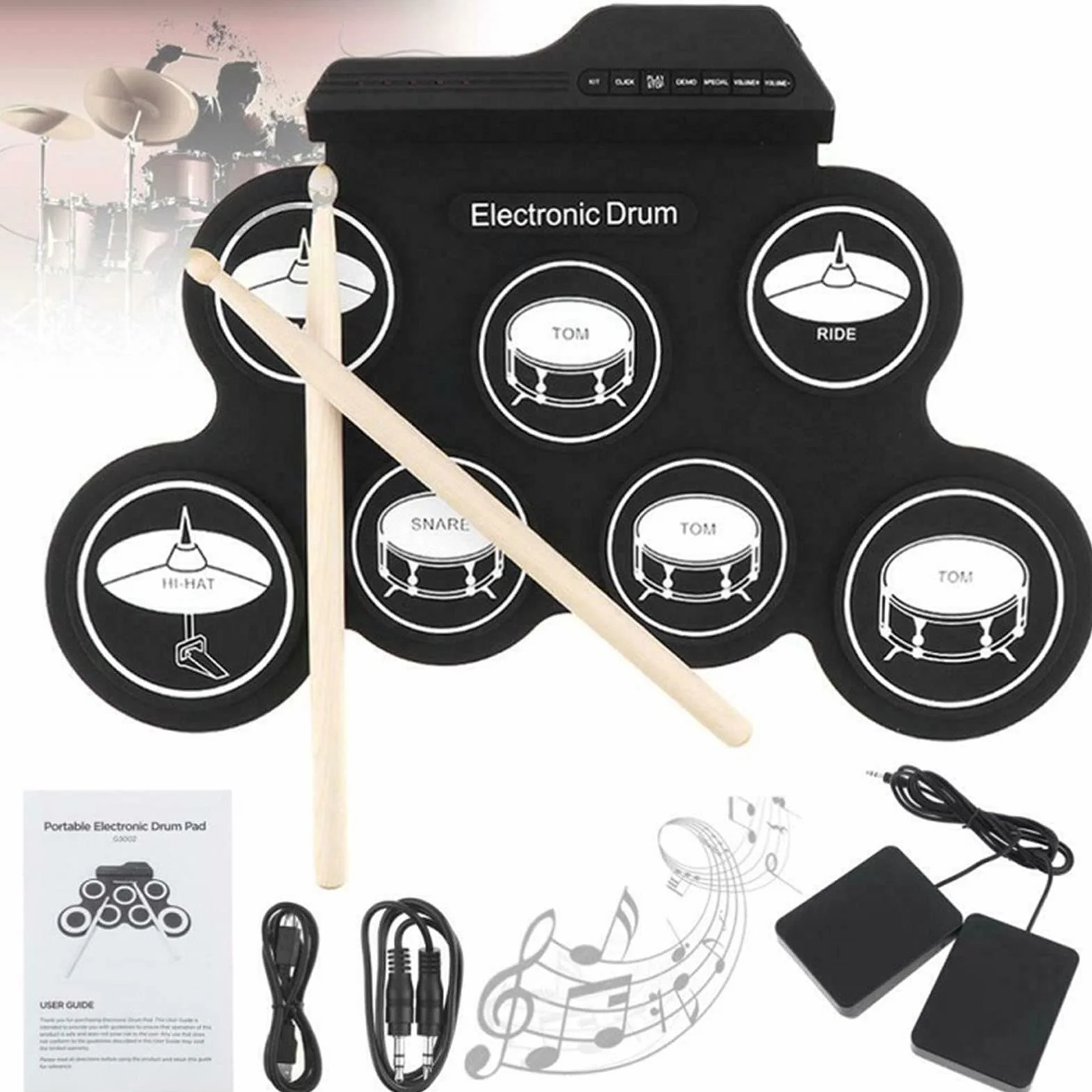 USB Roll Up Drum Pad do ćwiczeń 7 Podkładek Silikonowa Perkusja Elektroniczna 5 Strojów 8 Utworów Demonstracyjnych 3 Rytmy