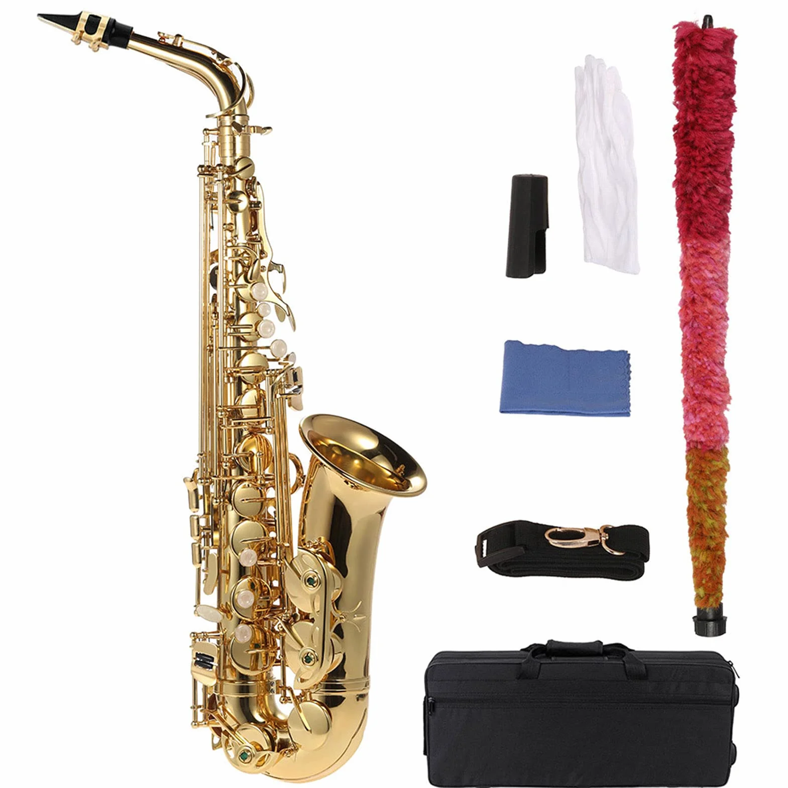 Saksofon altowy, pozłacany mosiądz i umywalka saksowa, 802 tonacja, instrument Woodwin, ze szczotką do czyszczenia, ściereczką, rękawiczkami, smarem korkowym, wyściełanym paskiem do noszenia