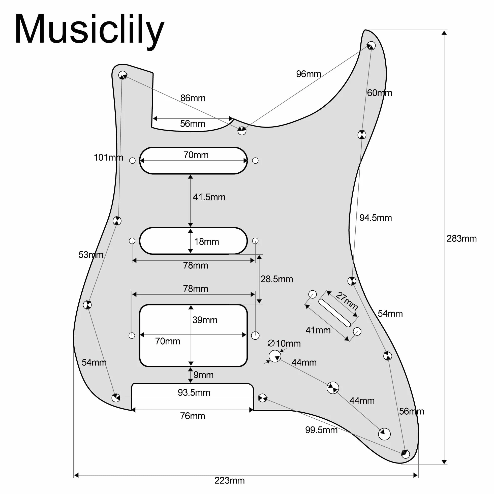Musiclily 11 Otworów SSH PickguardPłyta Maskownica do Gitary Fender USA/Mexican Standard Stratocaster typ Nowoczesnym, 1-warstwowy Biały
